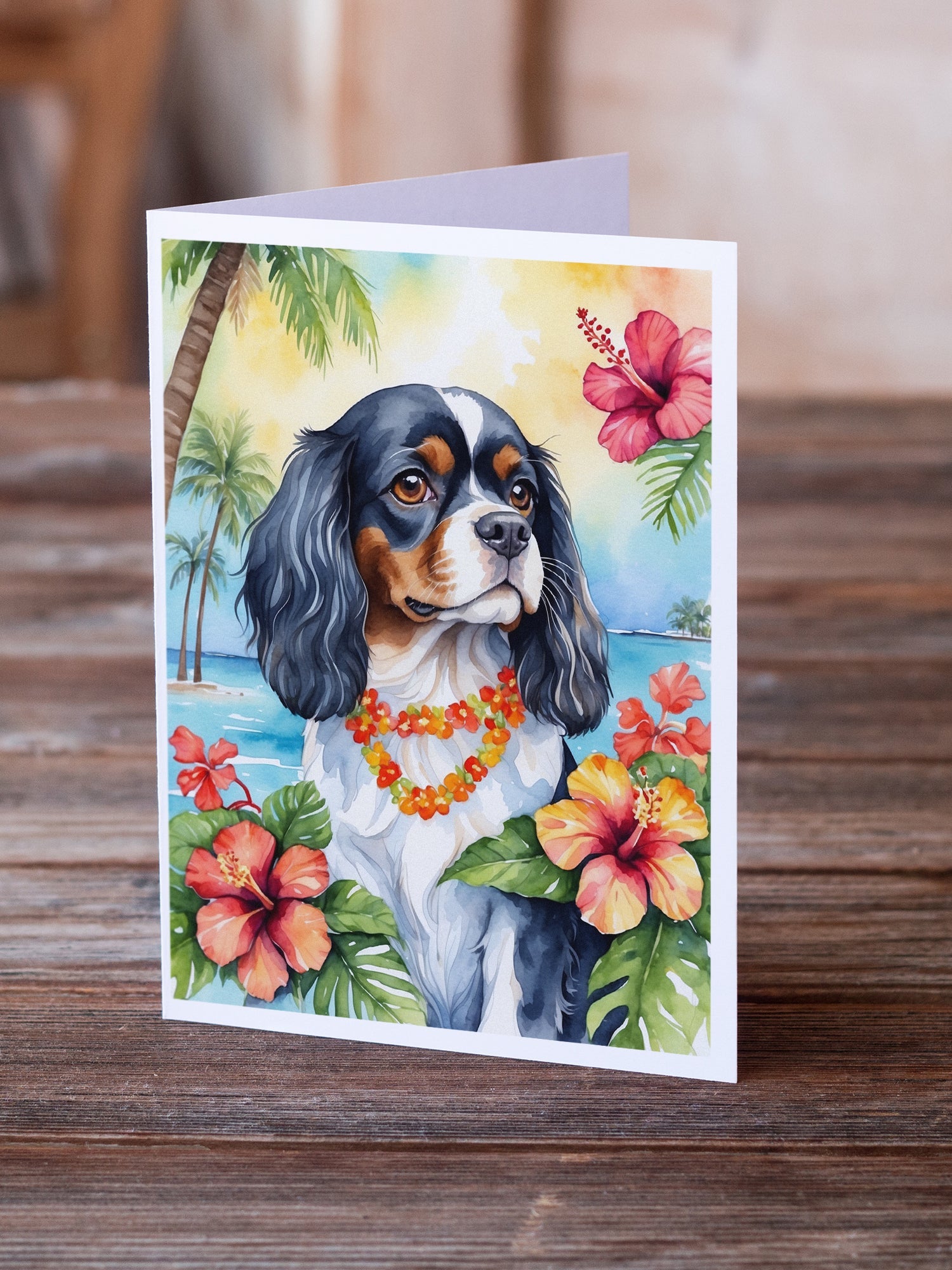 Cavalier Spaniel Luau Greeting Cards Pack of 8 Blank Cards with Envelopes Whimsical A7 Size 5x7