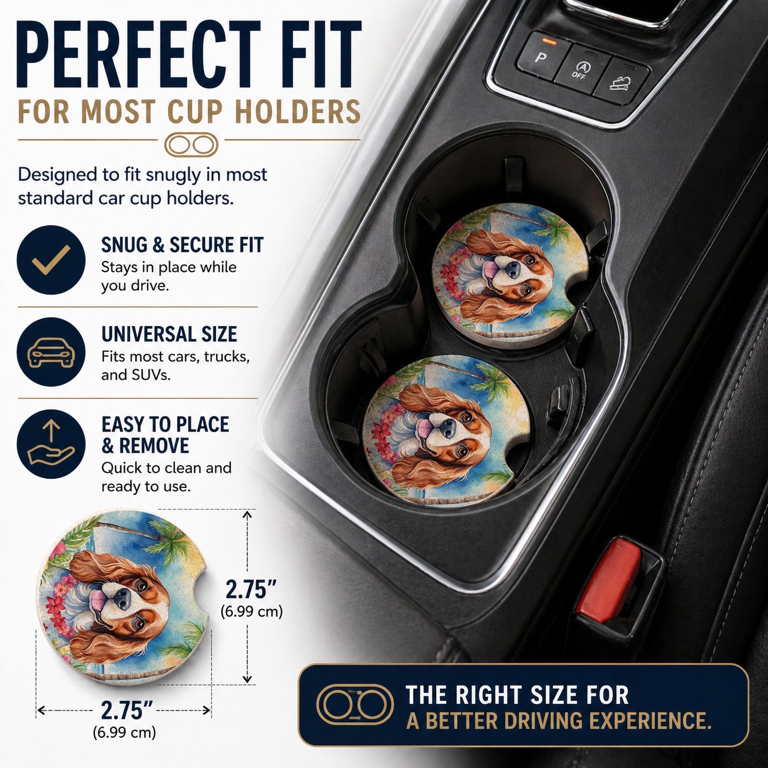 Cavalier Spaniel Luau Set of 2 Cup Holder Car Coasters Absorbent Round Sandstone Coasters Gifts for Men or Women, 2.5, Multicolor