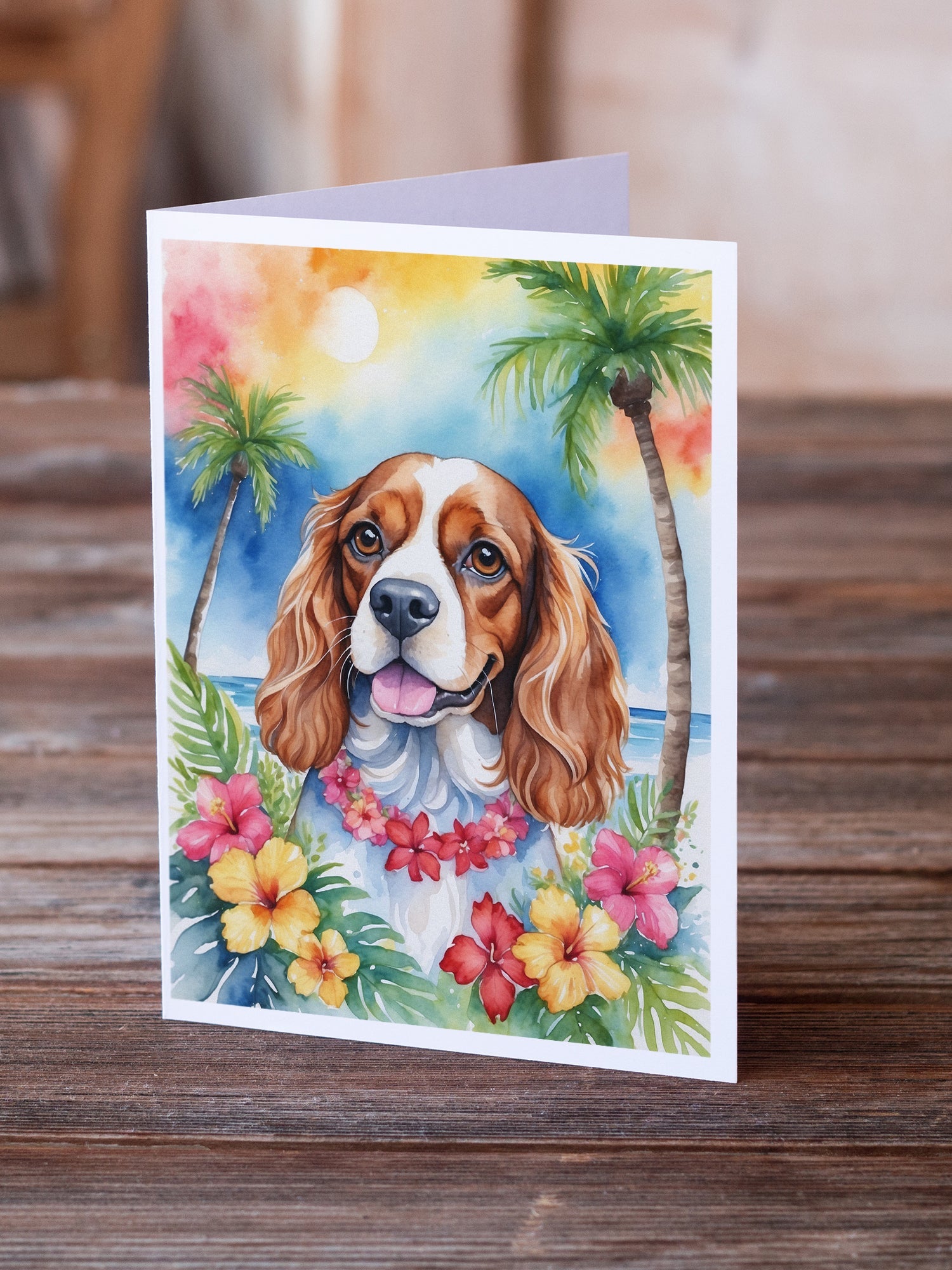 Cavalier Spaniel Luau Greeting Cards Pack of 8 Blank Cards with Envelopes Whimsical A7 Size 5x7