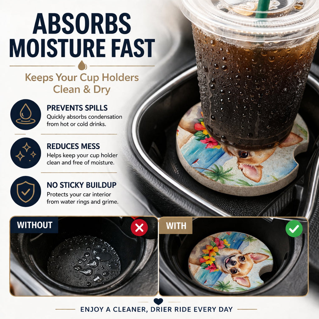 Chihuahua Luau Set of 2 Cup Holder Car Coasters Absorbent Round Sandstone Coasters Gifts for Men or Women, 2.5, Multicolor