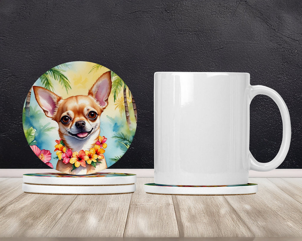 Chihuahua Luau Large Sandstone Coasters Pack of 4 Absorbent Round Coasters Decor Gifts for Men or Women, 4 in, Multicolor