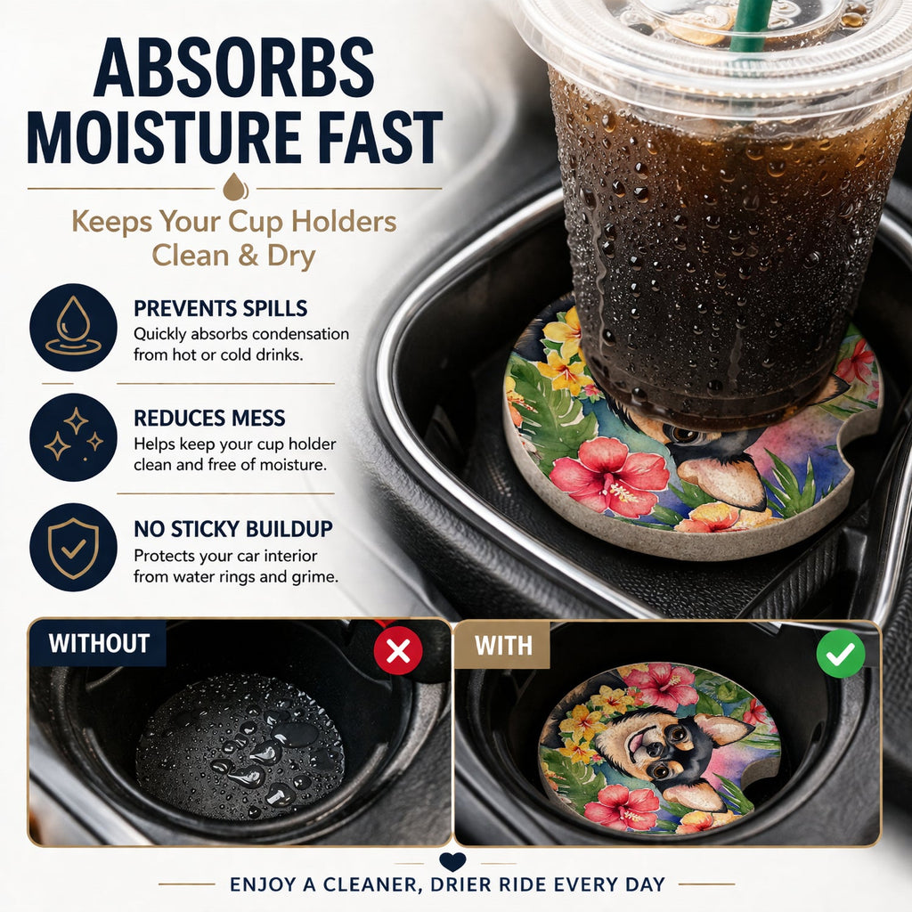 Chihuahua Luau Set of 2 Cup Holder Car Coasters Absorbent Round Sandstone Coasters Gifts for Men or Women, 2.5, Multicolor