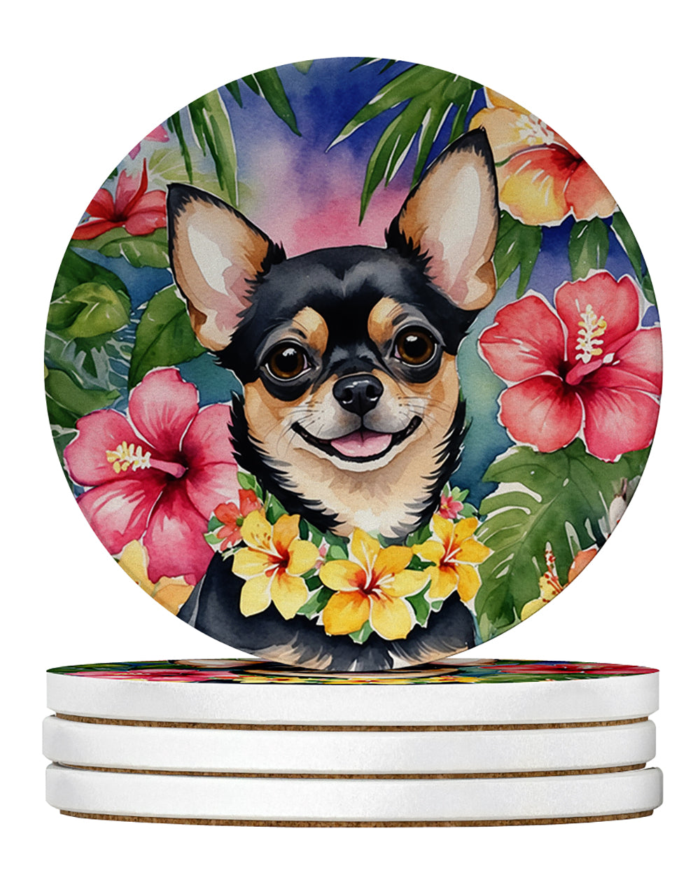 Chihuahua Luau Large Sandstone Coasters Pack of 4 Absorbent Round Coasters Decor Gifts for Men or Women, 4 in, Multicolor