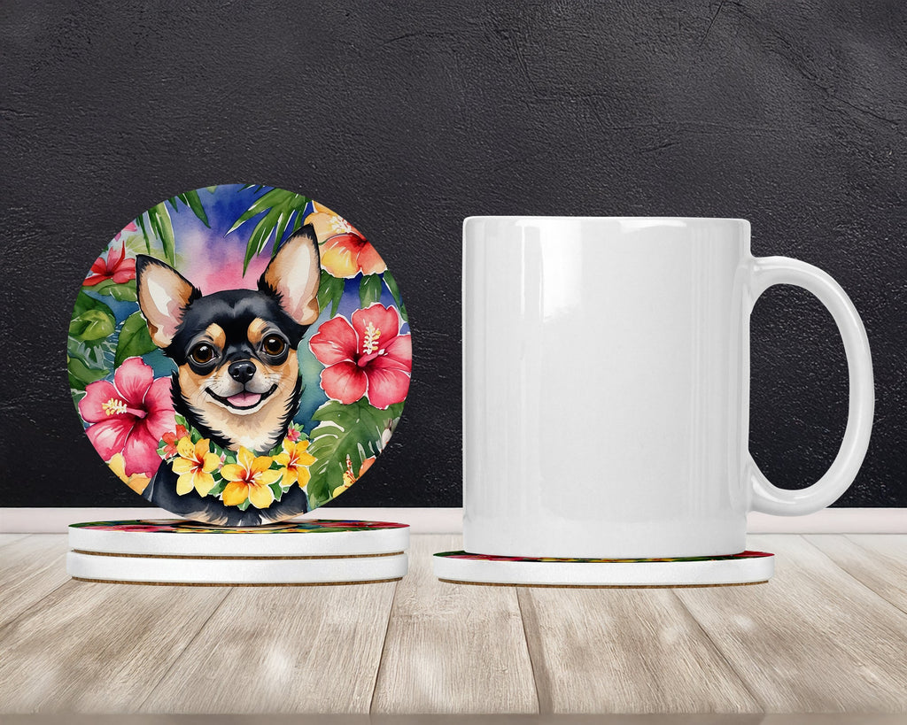 Chihuahua Luau Large Sandstone Coasters Pack of 4 Absorbent Round Coasters Decor Gifts for Men or Women, 4 in, Multicolor