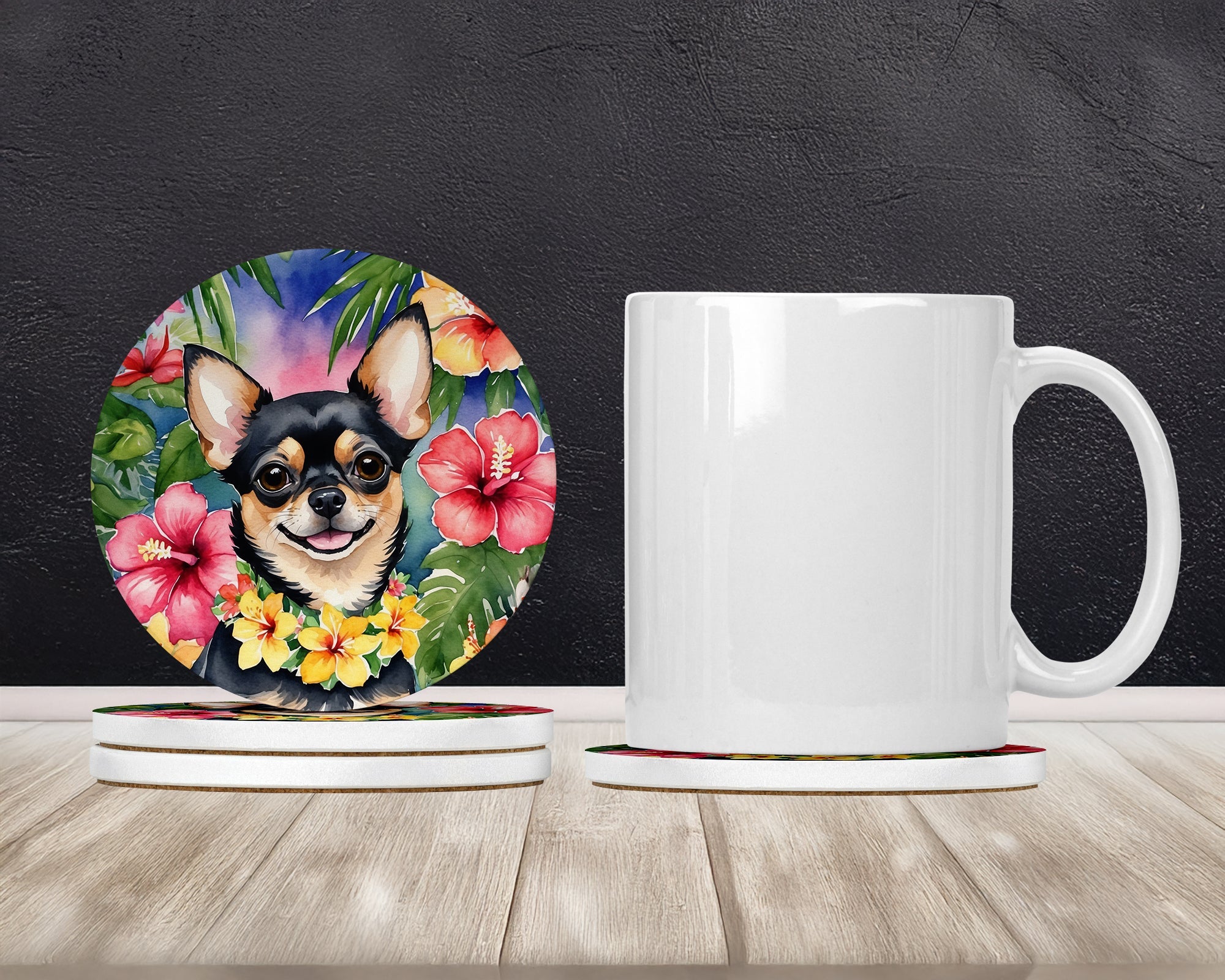 Chihuahua Luau Large Sandstone Coasters Pack of 4 Absorbent Round Coasters Decor Gifts for Men or Women, 4 in, Multicolor