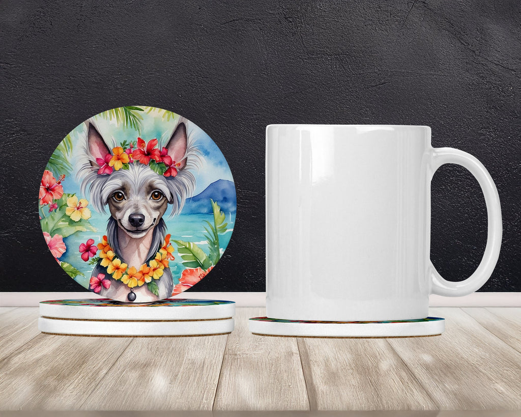 Chinese Crested Luau Large Sandstone Coasters Pack of 4 Absorbent Round Coasters Decor Gifts for Men or Women, 4 in, Multicolor