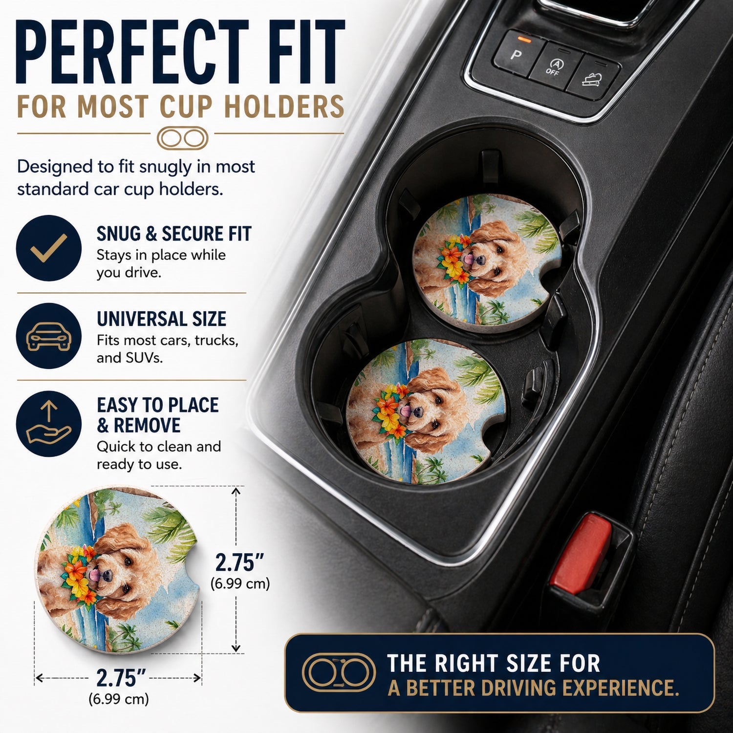 Cockapoo Luau Set of 2 Cup Holder Car Coasters Absorbent Round Sandstone Coasters Gifts for Men or Women, 2.5, Multicolor