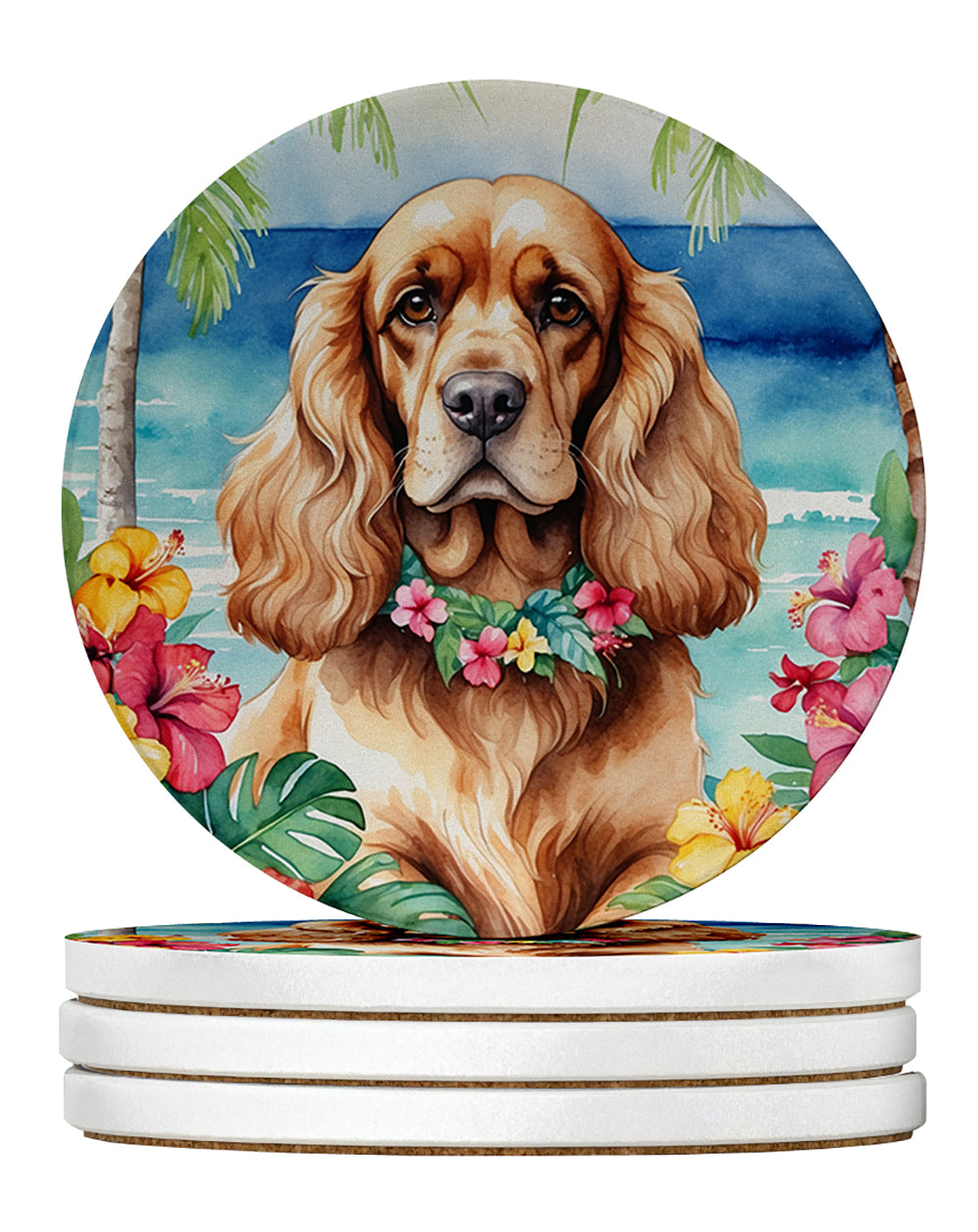 Cocker Spaniel Luau Large Sandstone Coasters Pack of 4 Absorbent Round Coasters Decor Gifts for Men or Women, 4 in, Multicolor