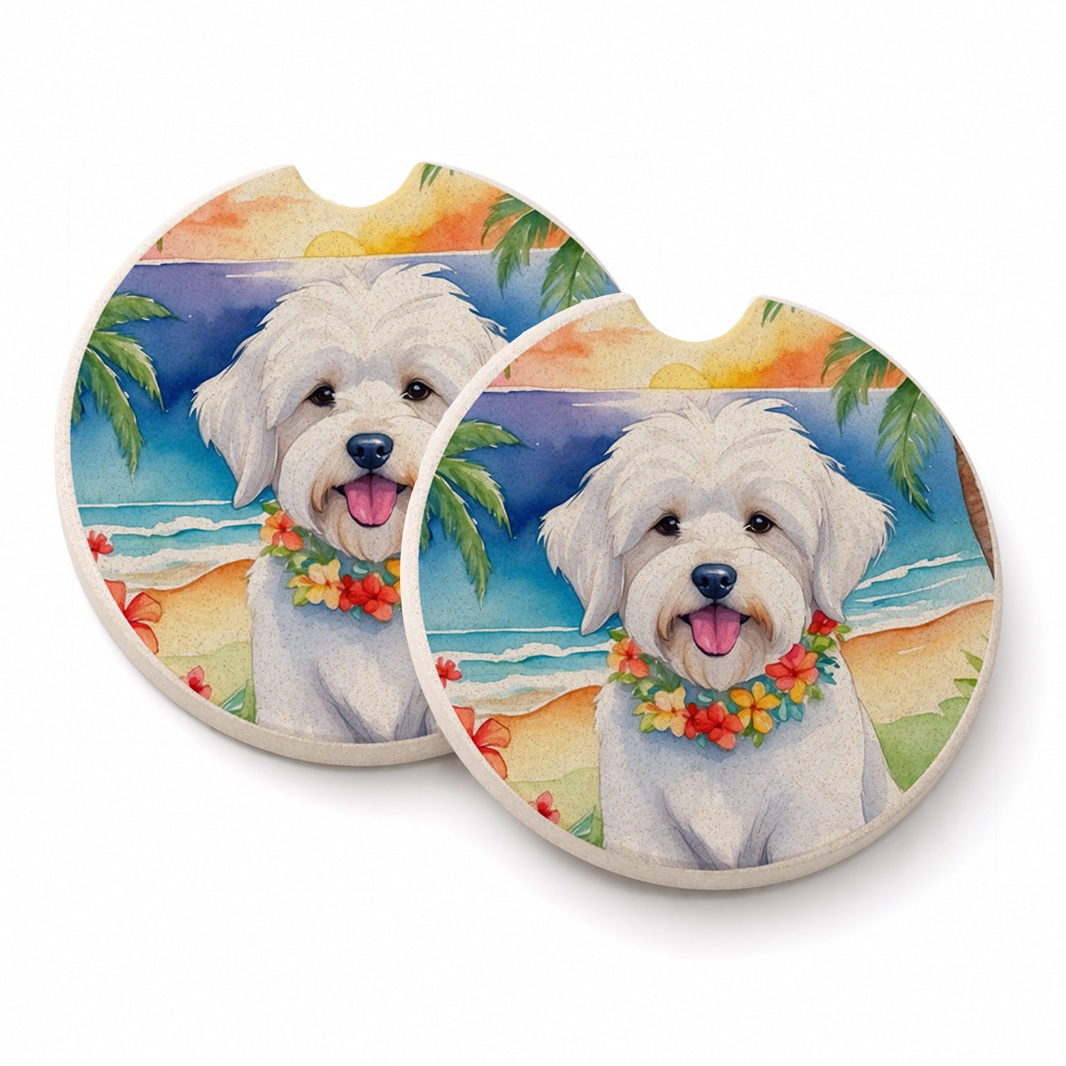 Coton de Tulear Luau Set of 2 Cup Holder Car Coasters Absorbent Round Sandstone Coasters Gifts for Men or Women, 2.5, Multicolor