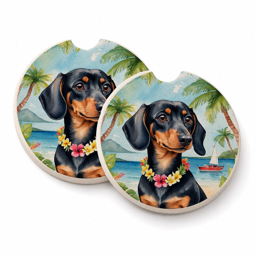 Dachshund Luau Set of 2 Cup Holder Car Coasters Absorbent Round Sandstone Coasters Gifts for Men or Women, 2.5, Multicolor