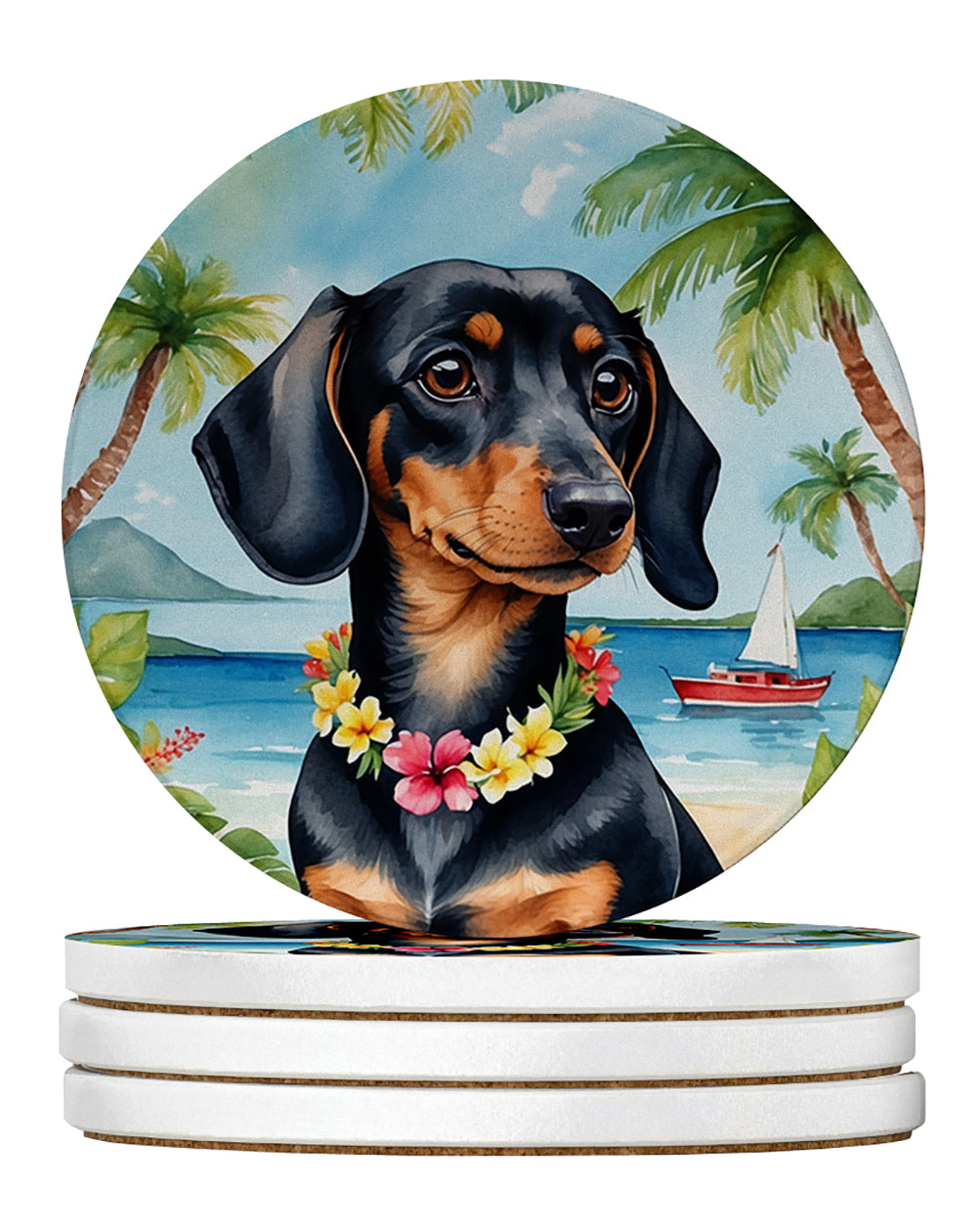 Dachshund Luau Large Sandstone Coasters Pack of 4 Absorbent Round Coasters Decor Gifts for Men or Women, 4 in, Multicolor