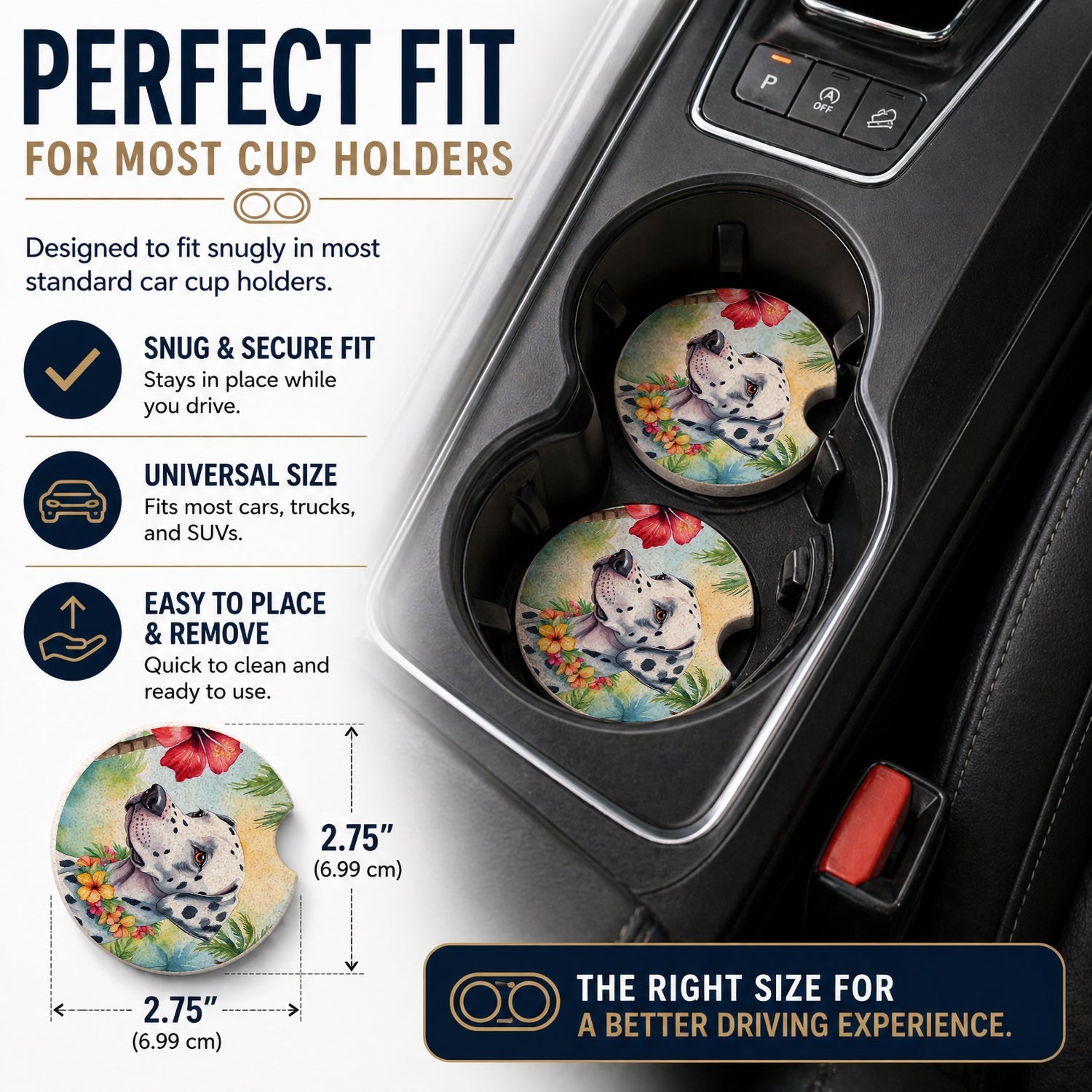 Dalmatian Luau Set of 2 Cup Holder Car Coasters Absorbent Round Sandstone Coasters Gifts for Men or Women, 2.5, Multicolor