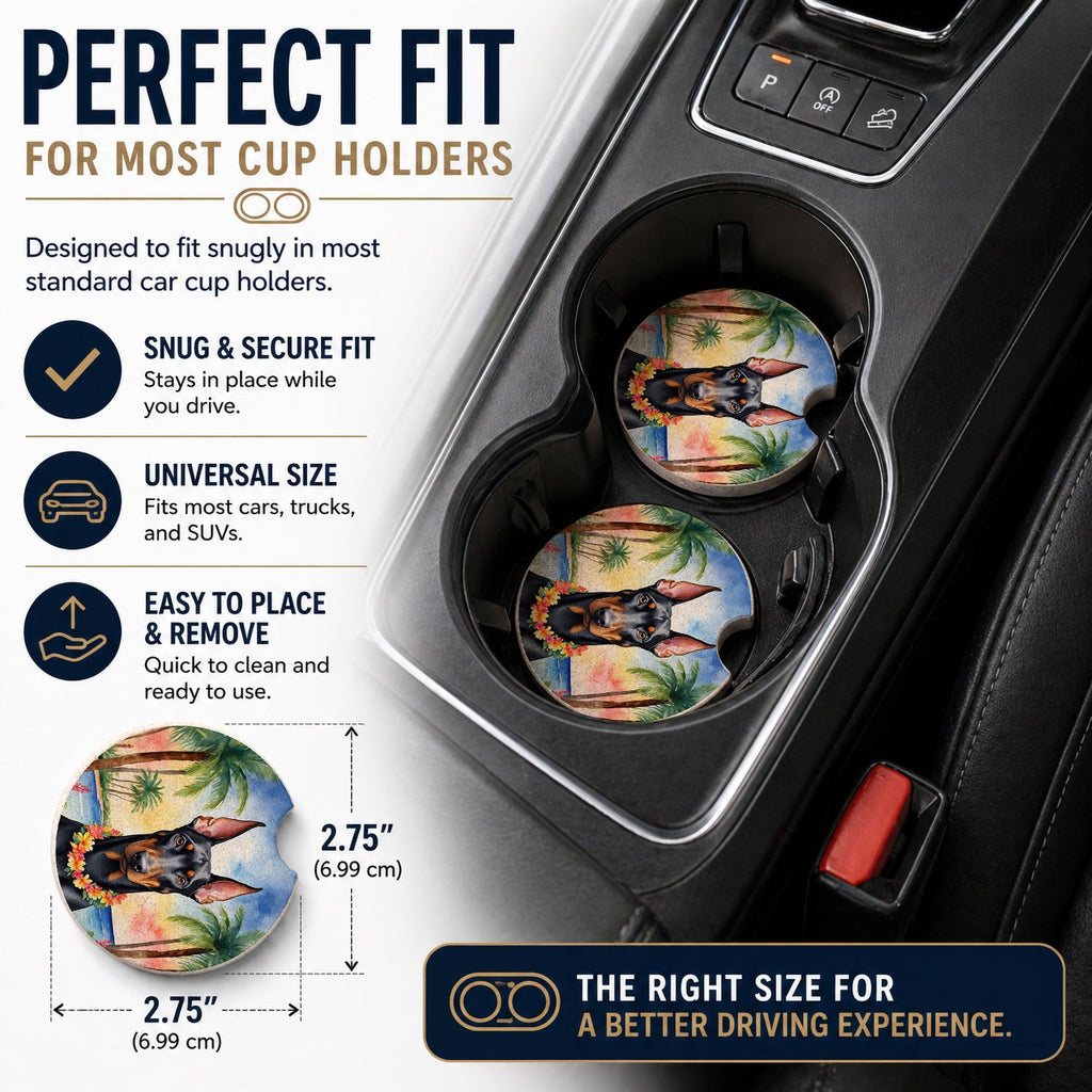 Doberman Pinscher Luau Set of 2 Cup Holder Car Coasters Absorbent Round Sandstone Coasters Gifts for Men or Women, 2.5, Multicolor
