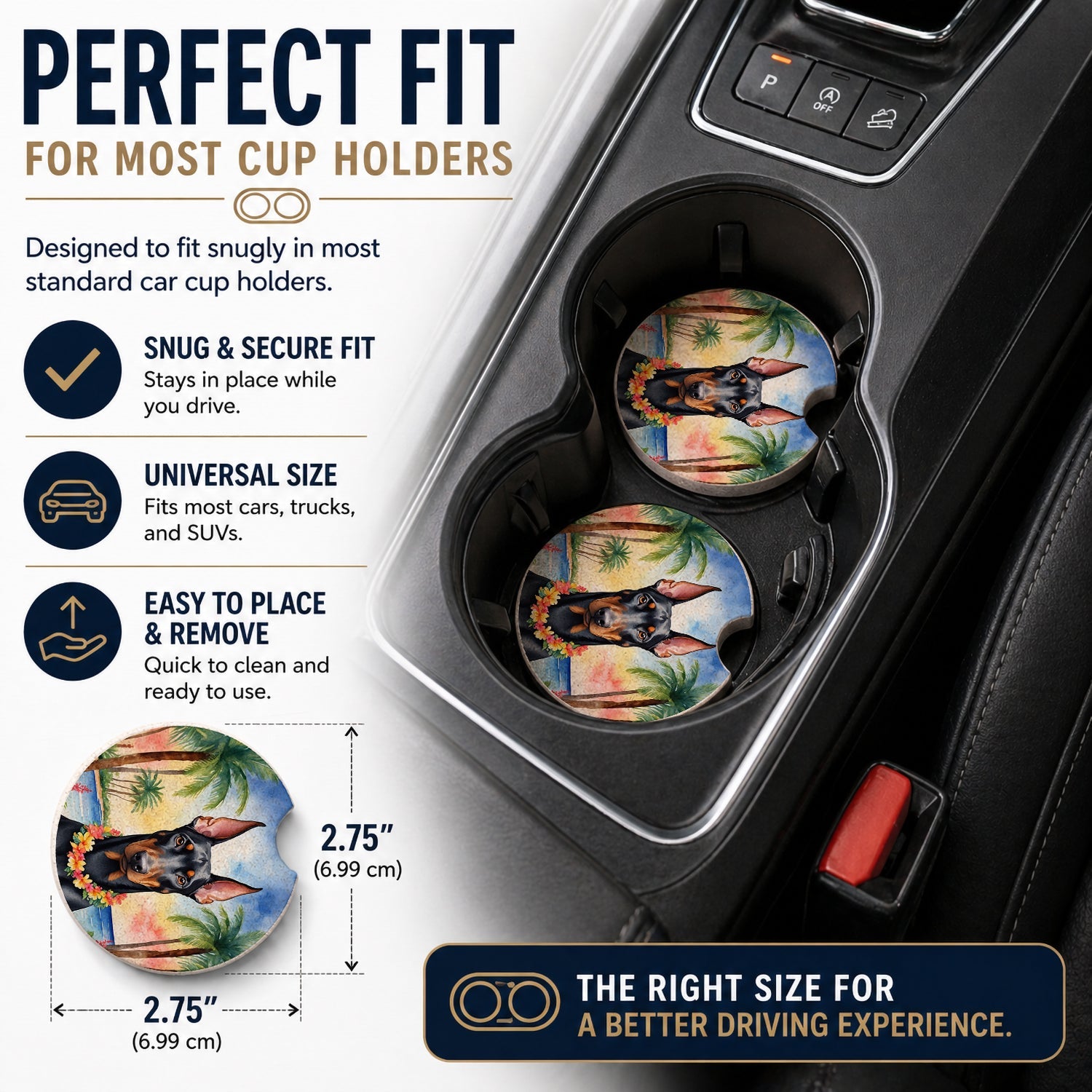 Doberman Pinscher Luau Set of 2 Cup Holder Car Coasters Absorbent Round Sandstone Coasters Gifts for Men or Women, 2.5, Multicolor