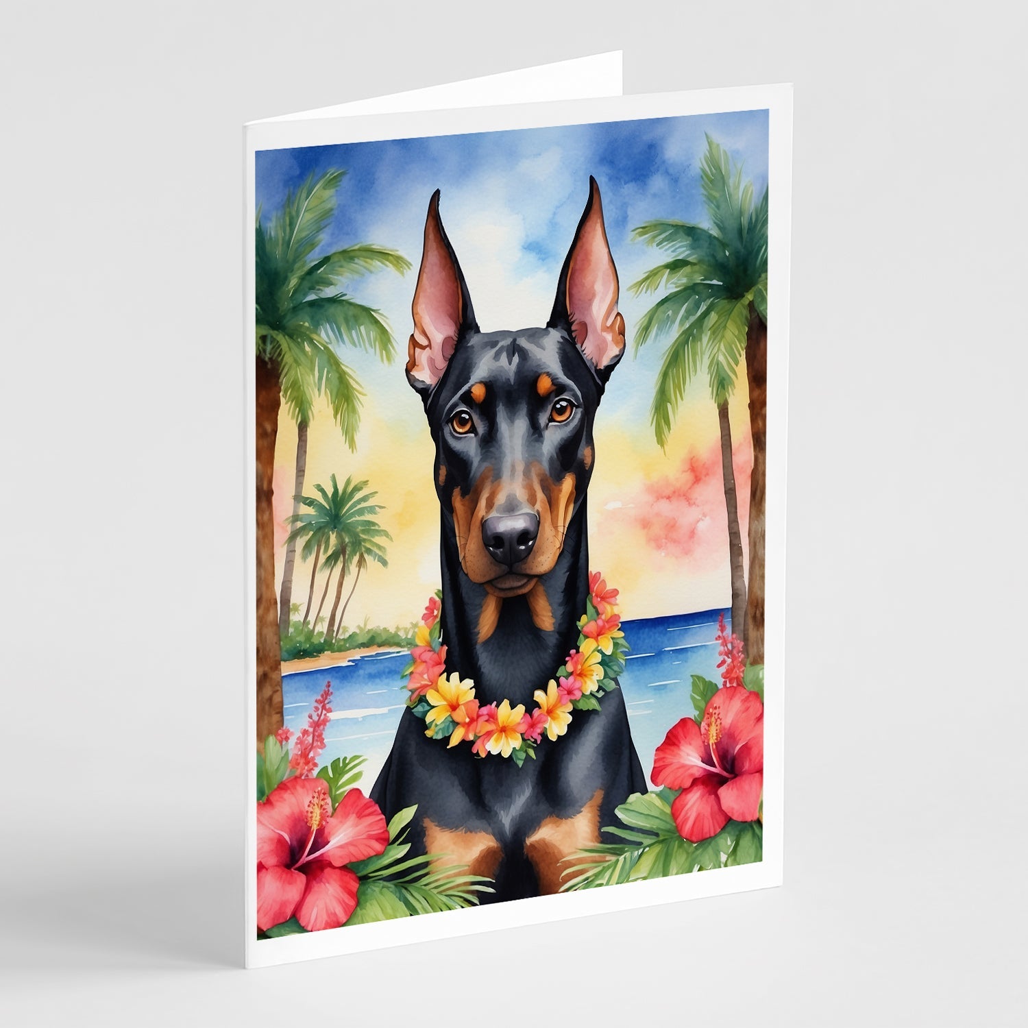 Doberman Pinscher Luau Greeting Cards Pack of 8 Blank Cards with Envelopes Whimsical A7 Size 5x7