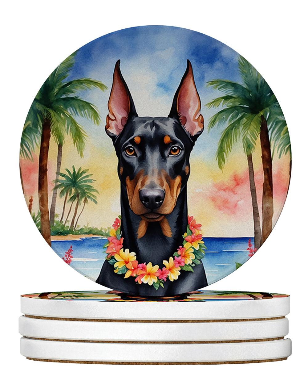 Doberman Pinscher Luau Large Sandstone Coasters Pack of 4 Absorbent Round Coasters Decor Gifts for Men or Women, 4 in, Multicolor