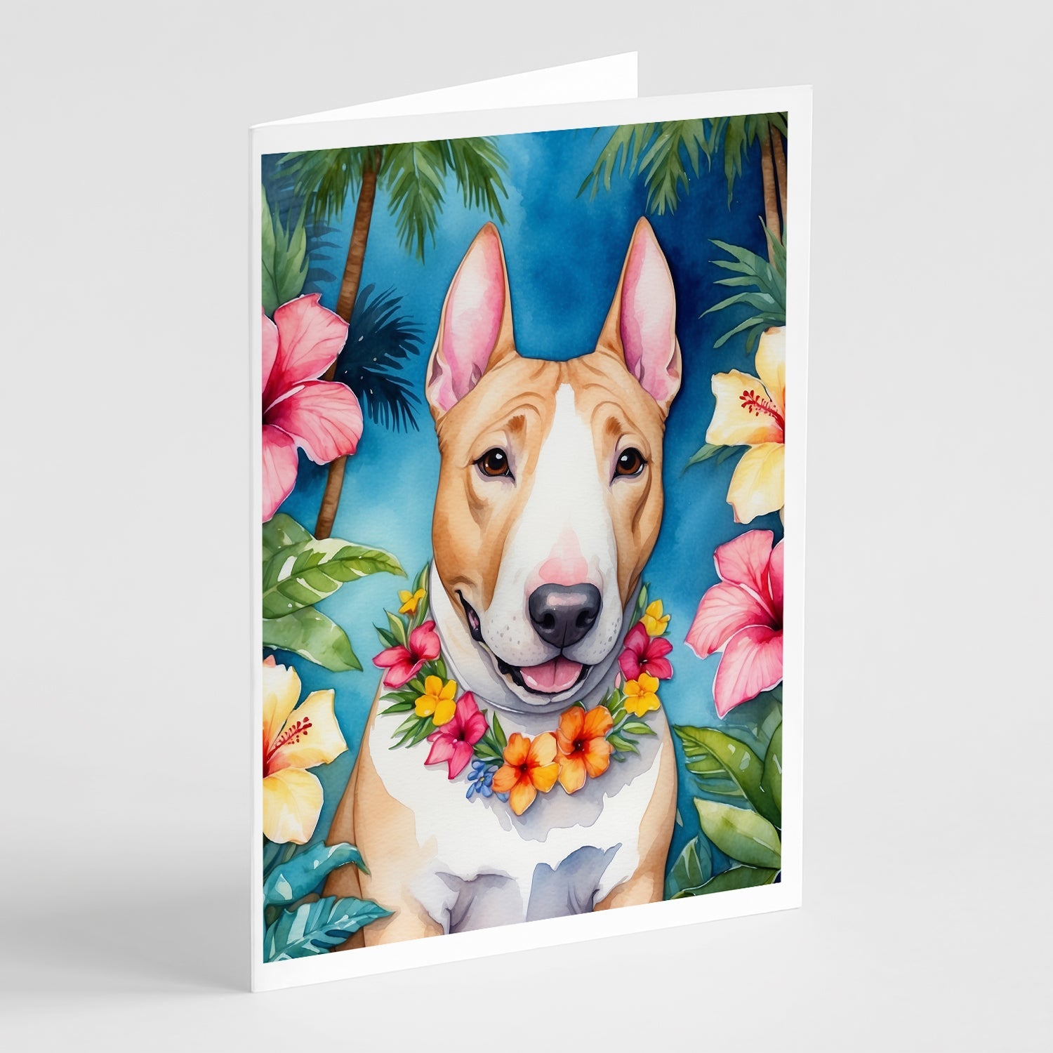 English Bull Terrier Luau Greeting Cards Pack of 8 Blank Cards with Envelopes Whimsical A7 Size 5x7