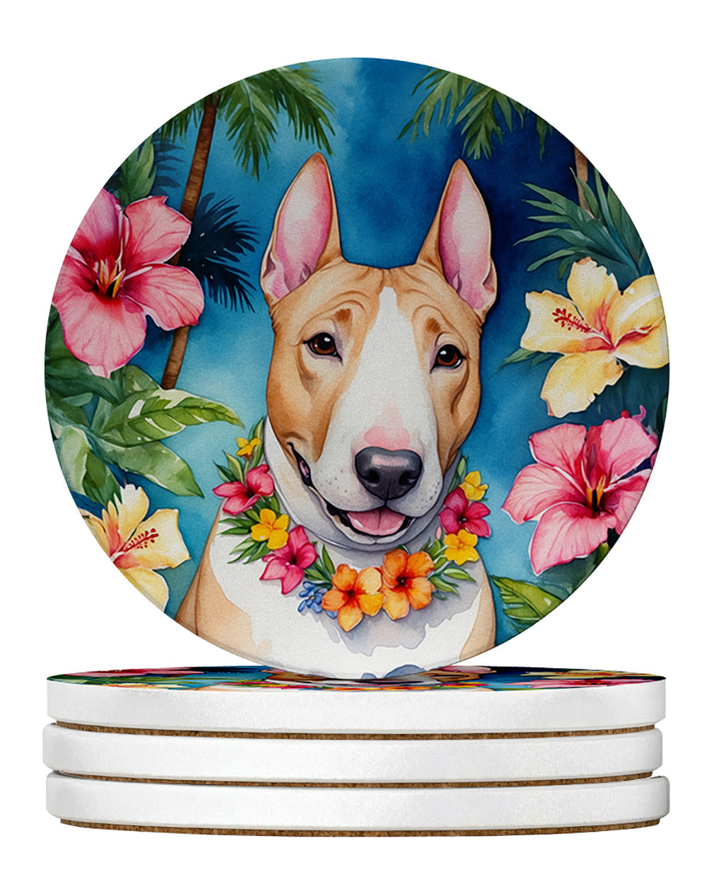 English Bull Terrier Luau Large Sandstone Coasters Pack of 4 Absorbent Round Coasters Decor Gifts for Men or Women, 4 in, Multicolor