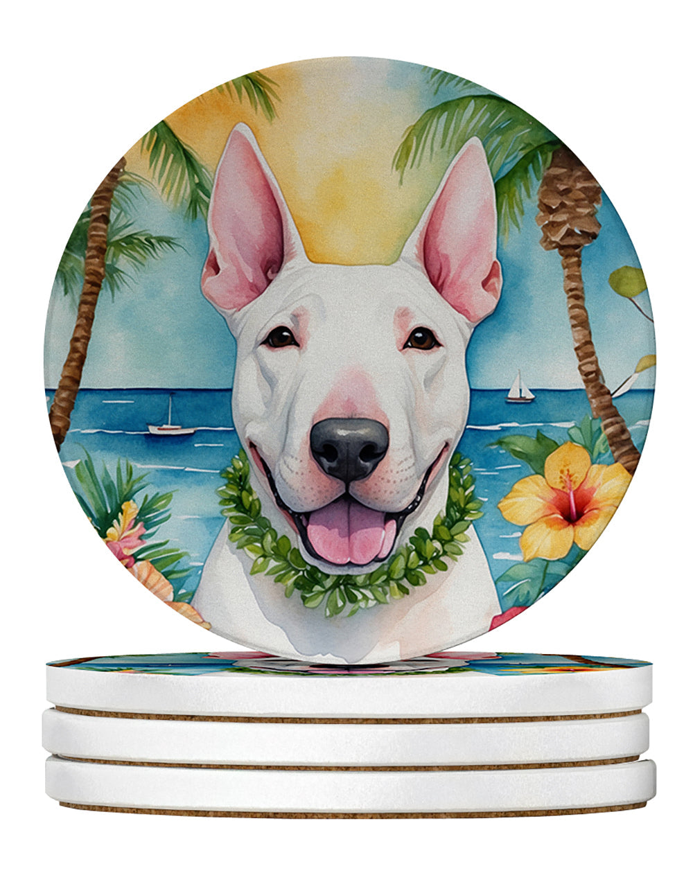 English Bull Terrier Luau Large Sandstone Coasters Pack of 4 Absorbent Round Coasters Decor Gifts for Men or Women, 4 in, Multicolor