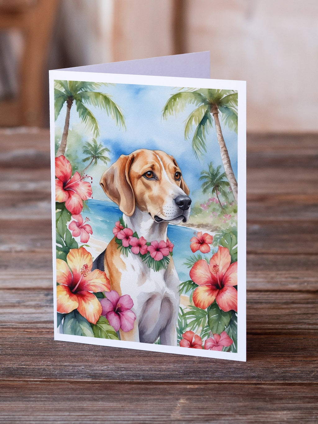 English Foxhound Luau Greeting Cards Pack of 8 Blank Cards with Envelopes Whimsical A7 Size 5x7