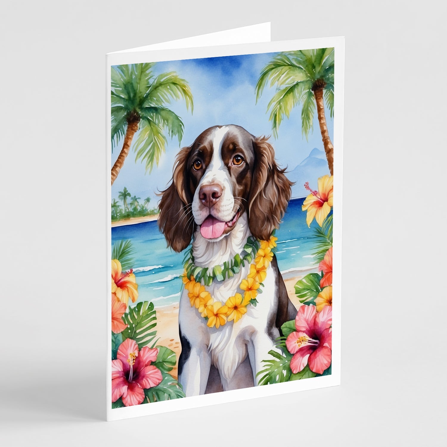 English Springer Spaniel Luau Greeting Cards Pack of 8 Blank Cards with Envelopes Whimsical A7 Size 5x7