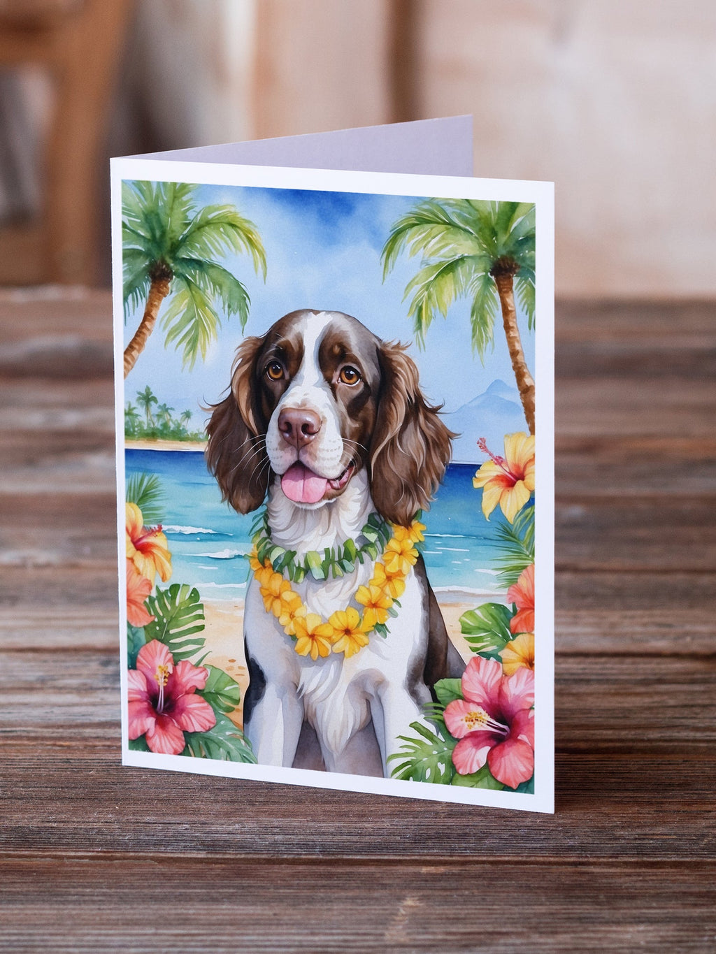 English Springer Spaniel Luau Greeting Cards Pack of 8 Blank Cards with Envelopes Whimsical A7 Size 5x7