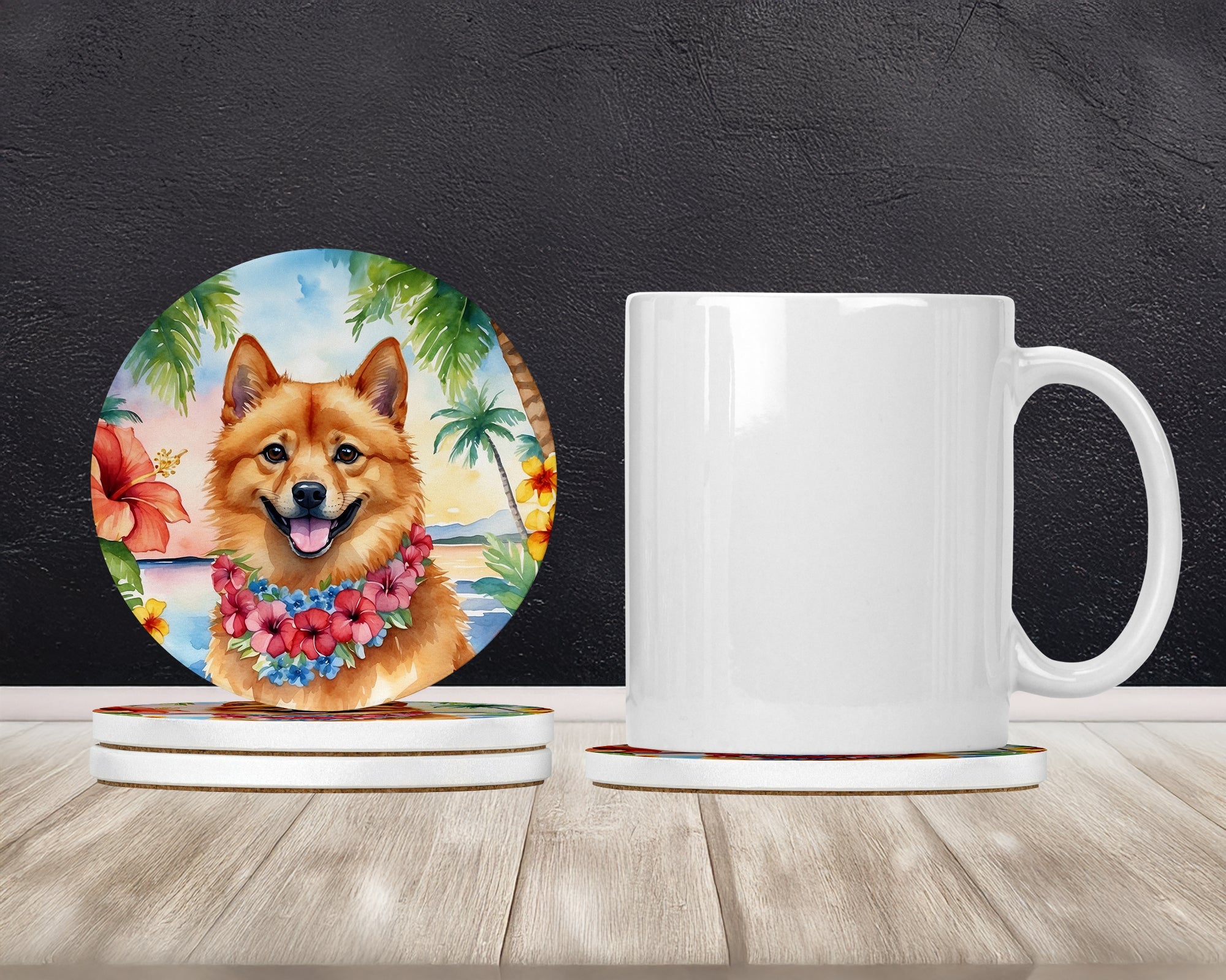 Finnish Spitz Luau Large Sandstone Coasters Pack of 4 Absorbent Round Coasters Decor Gifts for Men or Women, 4 in, Multicolor