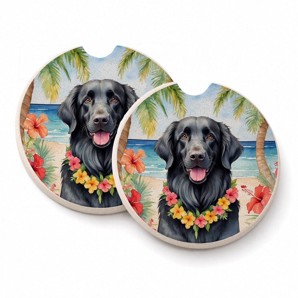 Flat-Coated Retriever Luau Set of 2 Cup Holder Car Coasters Absorbent Round Sandstone Coasters Gifts for Men or Women, 2.5, Multicolor