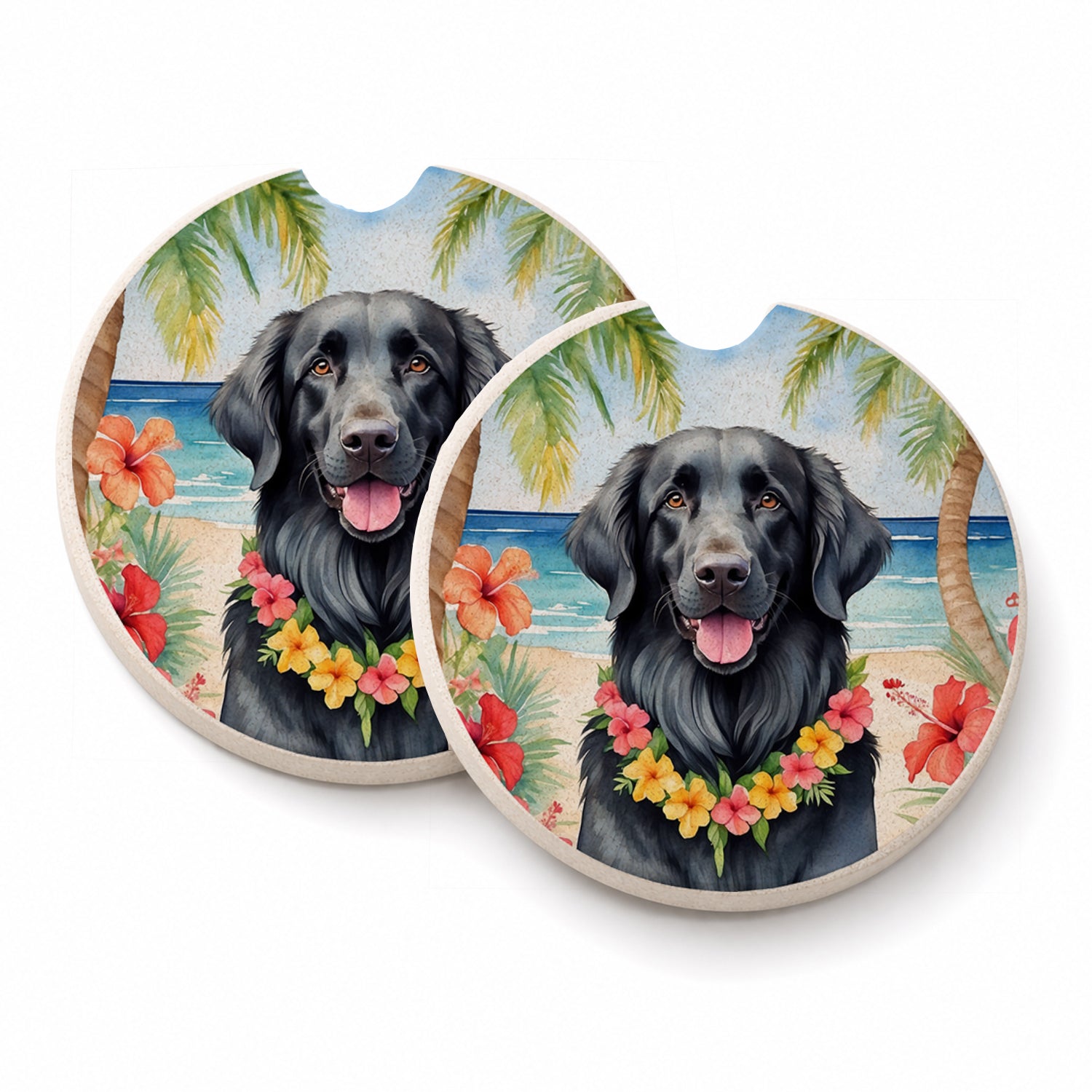 Flat-Coated Retriever Luau Set of 2 Cup Holder Car Coasters Absorbent Round Sandstone Coasters Gifts for Men or Women, 2.5, Multicolor