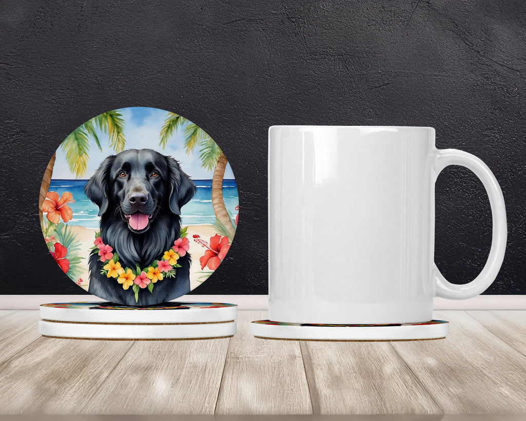 Flat-Coated Retriever Luau Large Sandstone Coasters Pack of 4 Absorbent Round Coasters Decor Gifts for Men or Women, 4 in, Multicolor