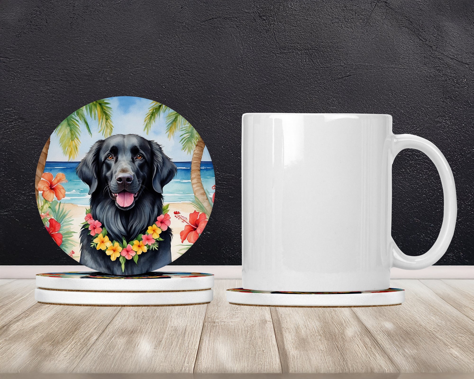 Flat-Coated Retriever Luau Large Sandstone Coasters Pack of 4 Absorbent Round Coasters Decor Gifts for Men or Women, 4 in, Multicolor