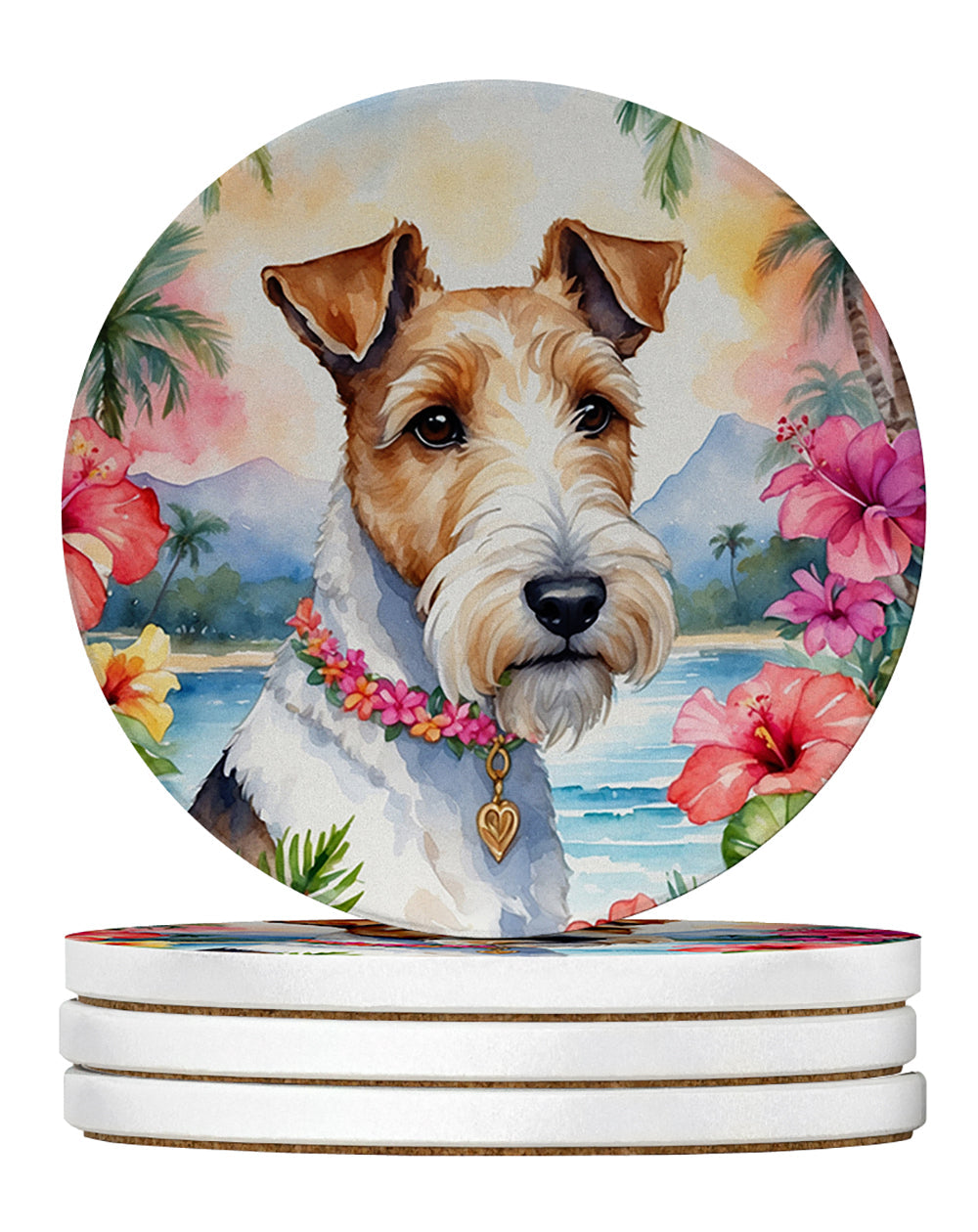 Fox Terrier Luau Large Sandstone Coasters Pack of 4 Absorbent Round Coasters Decor Gifts for Men or Women, 4 in, Multicolor