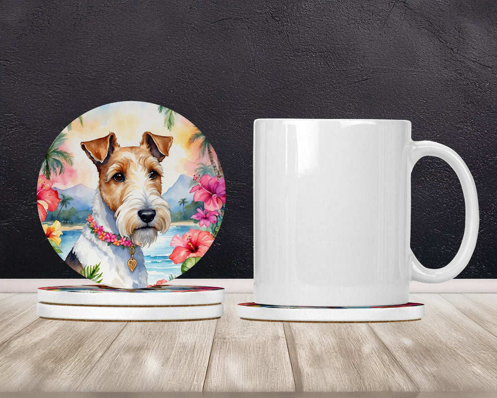 Fox Terrier Luau Large Sandstone Coasters Pack of 4 Absorbent Round Coasters Decor Gifts for Men or Women, 4 in, Multicolor