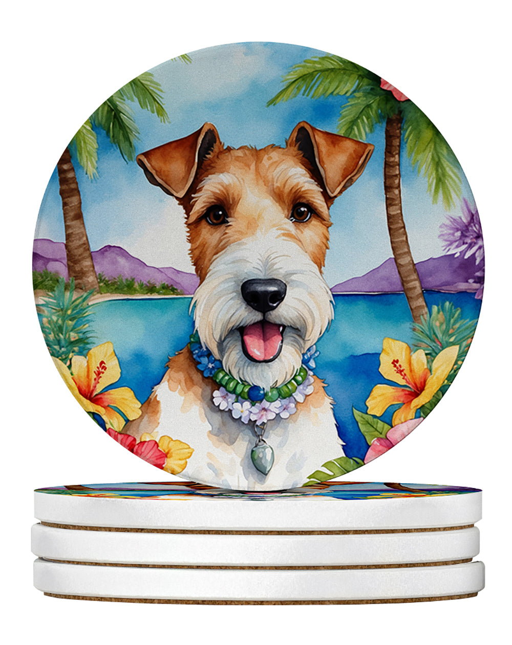 Fox Terrier Luau Large Sandstone Coasters Pack of 4 Absorbent Round Coasters Decor Gifts for Men or Women, 4 in, Multicolor