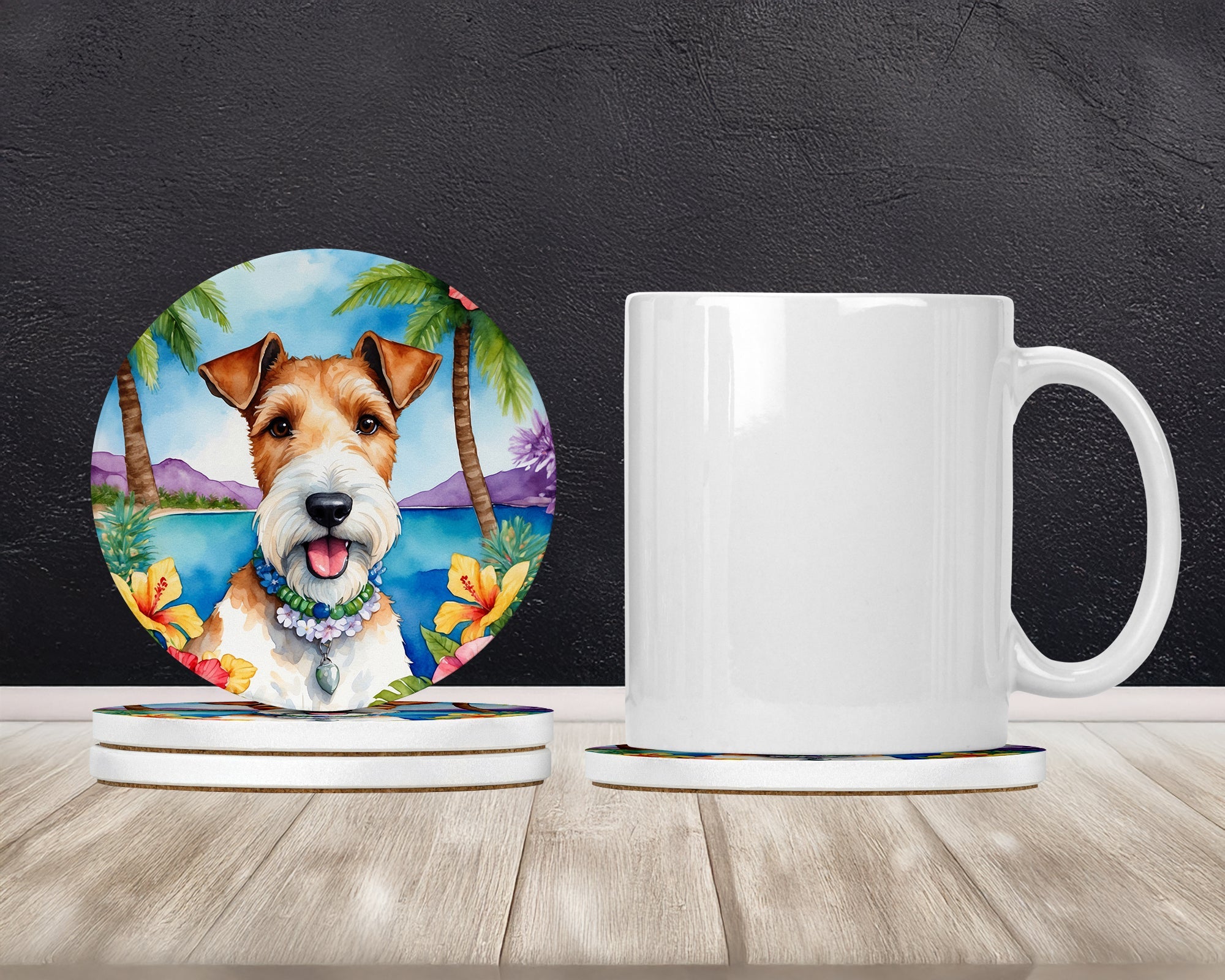Fox Terrier Luau Large Sandstone Coasters Pack of 4 Absorbent Round Coasters Decor Gifts for Men or Women, 4 in, Multicolor