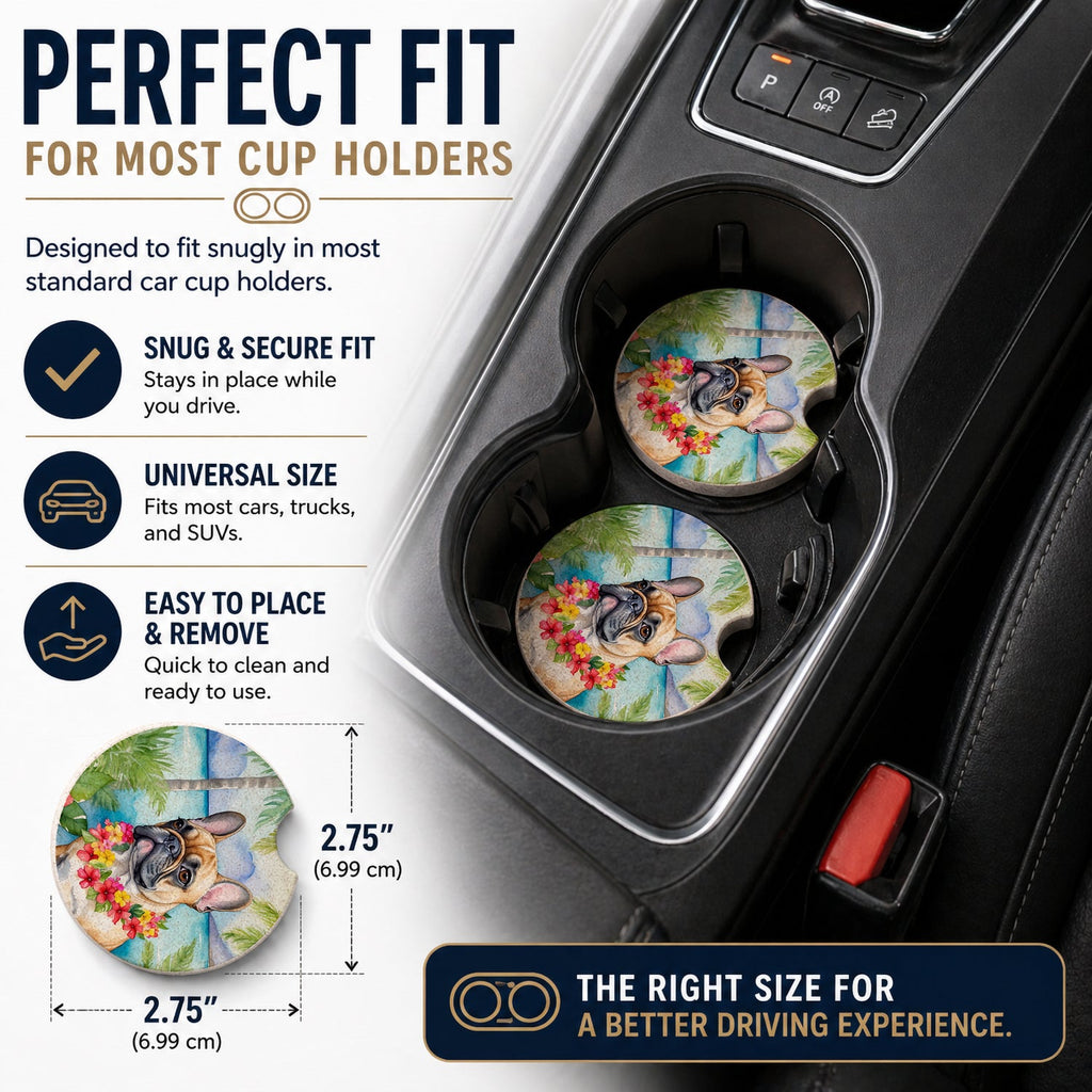 French Bulldog Luau Set of 2 Cup Holder Car Coasters Absorbent Round Sandstone Coasters Gifts for Men or Women, 2.5, Multicolor