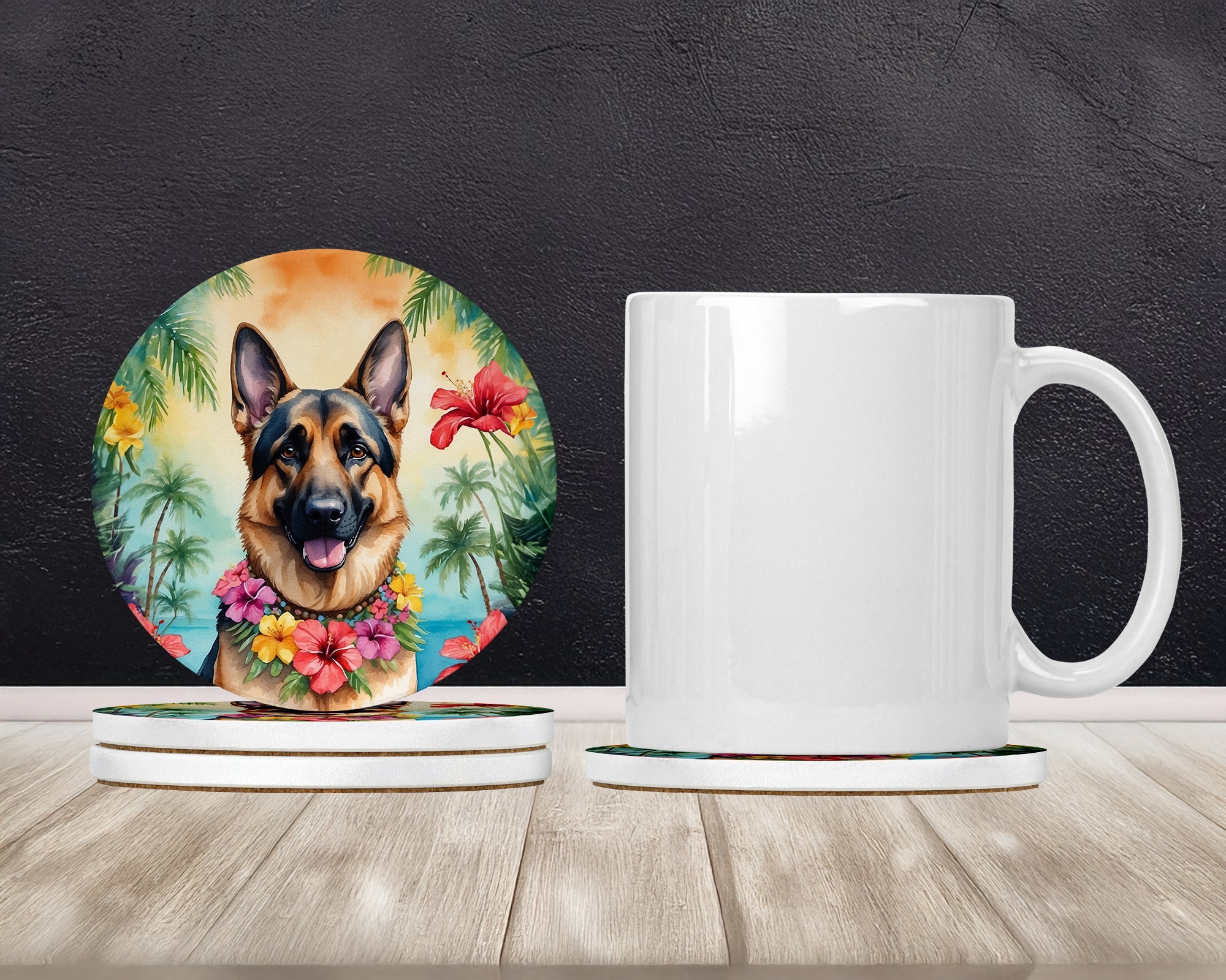 German Shepherd Luau Large Sandstone Coasters Pack of 4 Absorbent Round Coasters Decor Gifts for Men or Women, 4 in, Multicolor