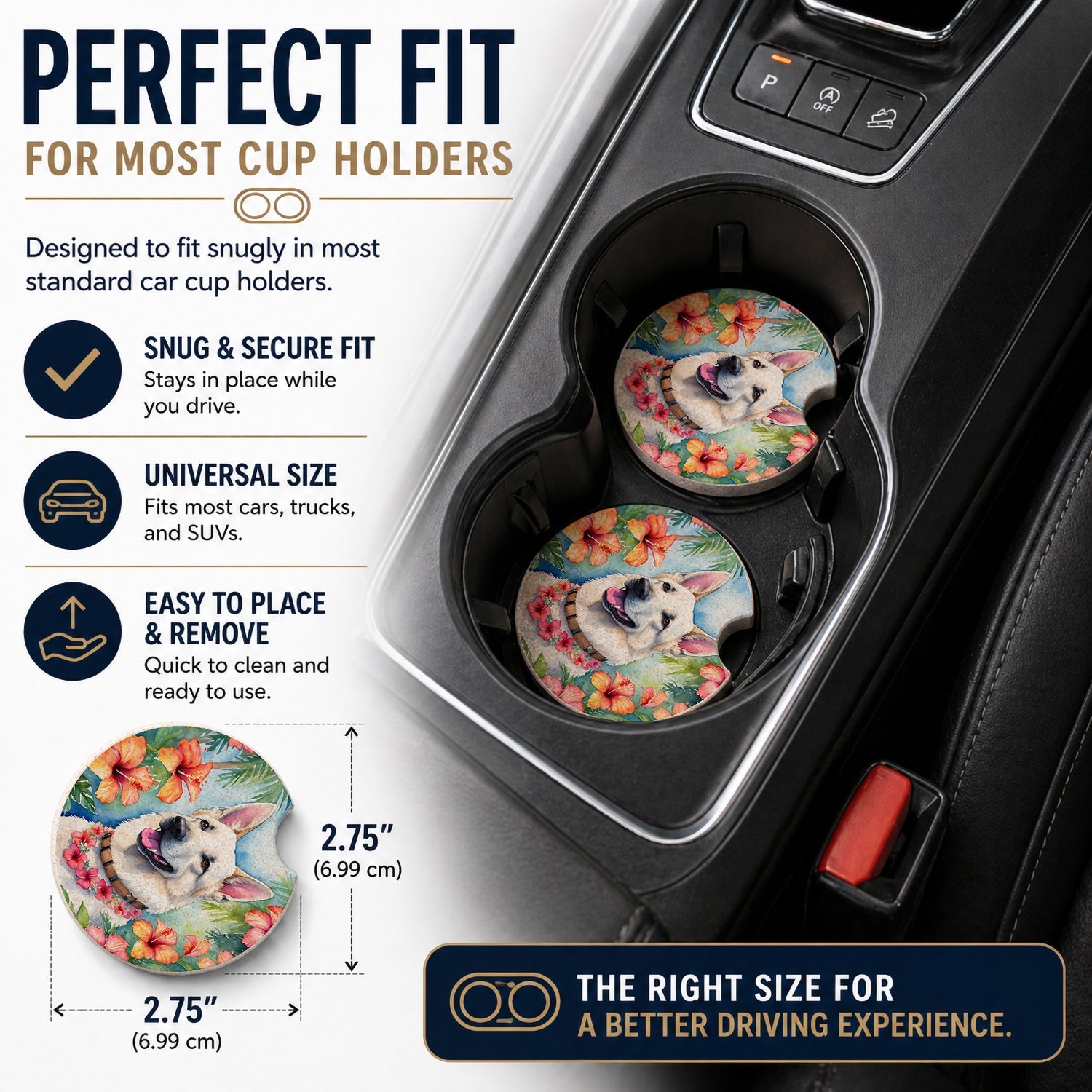 White German Shepherd Luau Set of 2 Cup Holder Car Coasters Absorbent Round Sandstone Coasters Gifts for Men or Women, 2.5, Multicolor