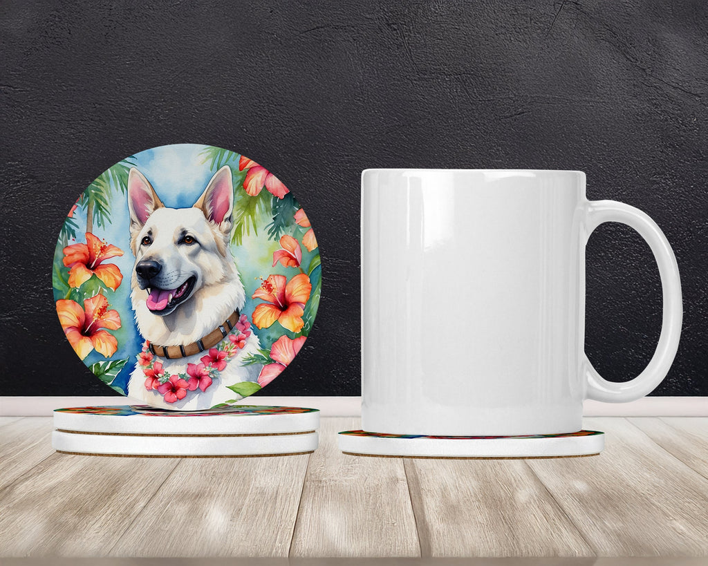 White German Shepherd Luau Large Sandstone Coasters Pack of 4 Absorbent Round Coasters Decor Gifts for Men or Women, 4 in, Multicolor