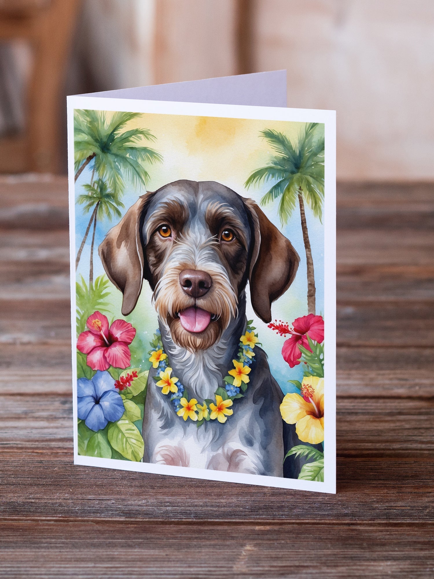 German Wirehaired Pointer Luau Greeting Cards Pack of 8 Blank Cards with Envelopes Whimsical A7 Size 5x7