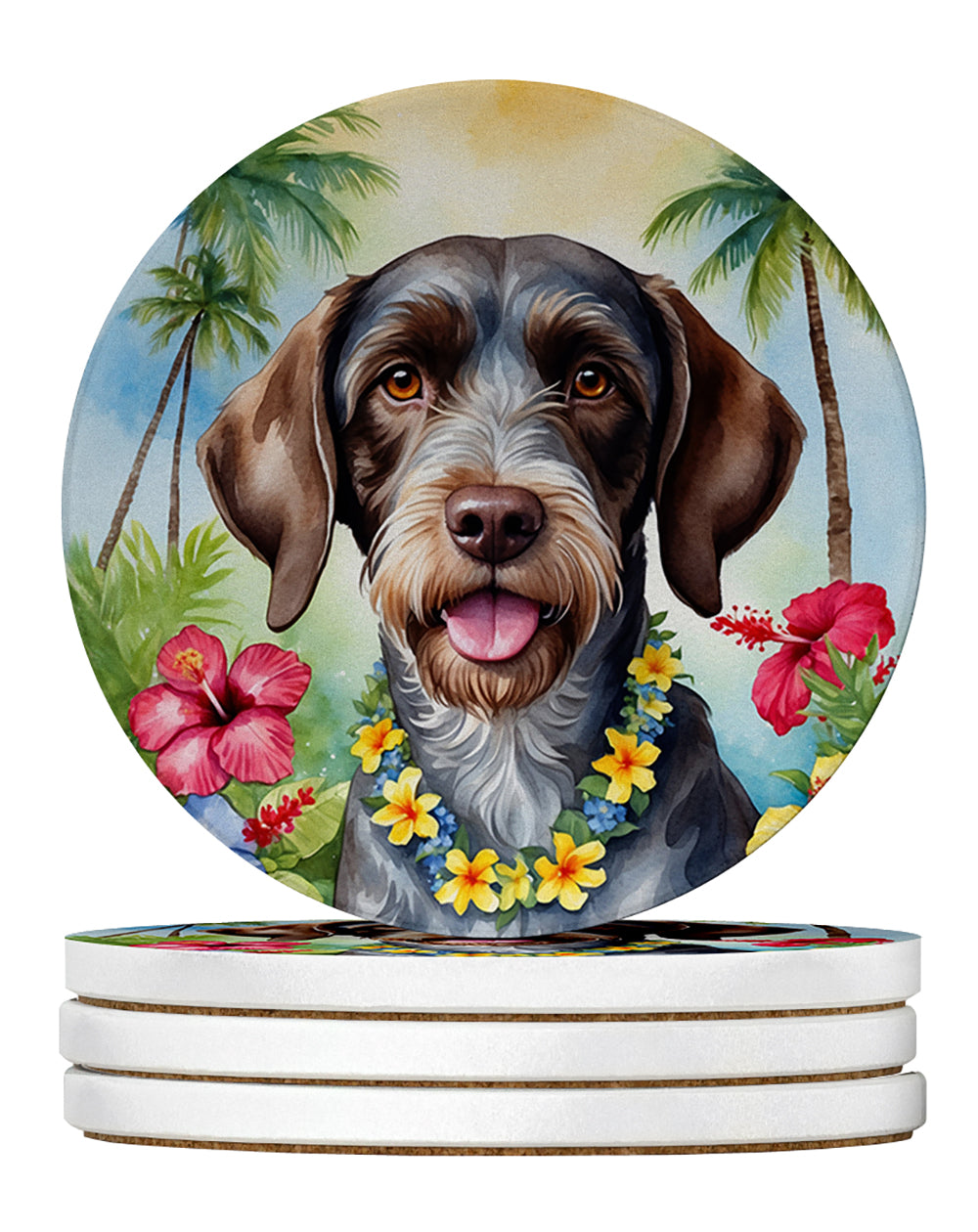 German Wirehaired Pointer Luau Large Sandstone Coasters Pack of 4 Absorbent Round Coasters Decor Gifts for Men or Women, 4 in, Multicolor