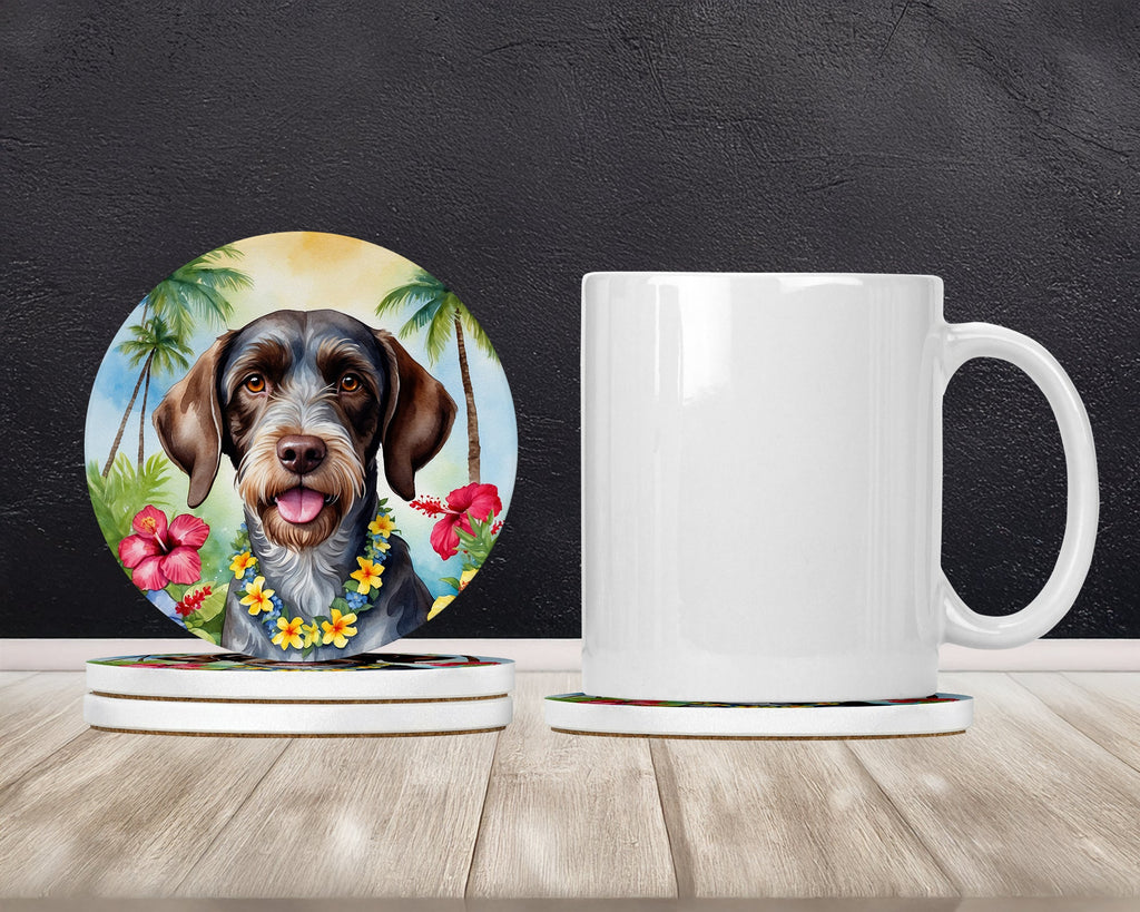 German Wirehaired Pointer Luau Large Sandstone Coasters Pack of 4 Absorbent Round Coasters Decor Gifts for Men or Women, 4 in, Multicolor