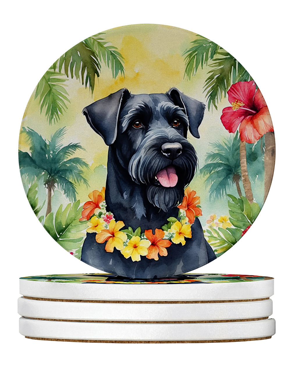 Giant Schnauzer Luau Large Sandstone Coasters Pack of 4 Absorbent Round Coasters Decor Gifts for Men or Women, 4 in, Multicolor
