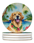 Golden Retriever Luau Large Sandstone Coasters Pack of 4 Absorbent Round Coasters Decor Gifts for Men or Women, 4 in, Multicolor