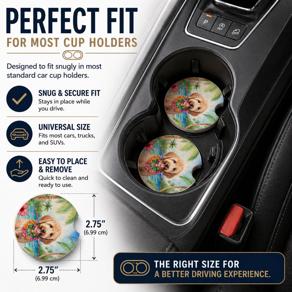 Goldendoodle Luau Set of 2 Cup Holder Car Coasters Absorbent Round Sandstone Coasters Gifts for Men or Women, 2.5, Multicolor