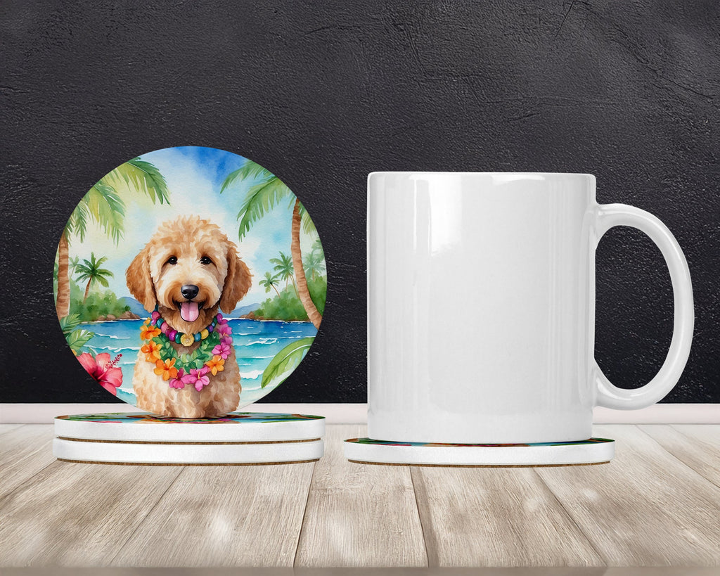 Goldendoodle Luau Large Sandstone Coasters Pack of 4 Absorbent Round Coasters Decor Gifts for Men or Women, 4 in, Multicolor