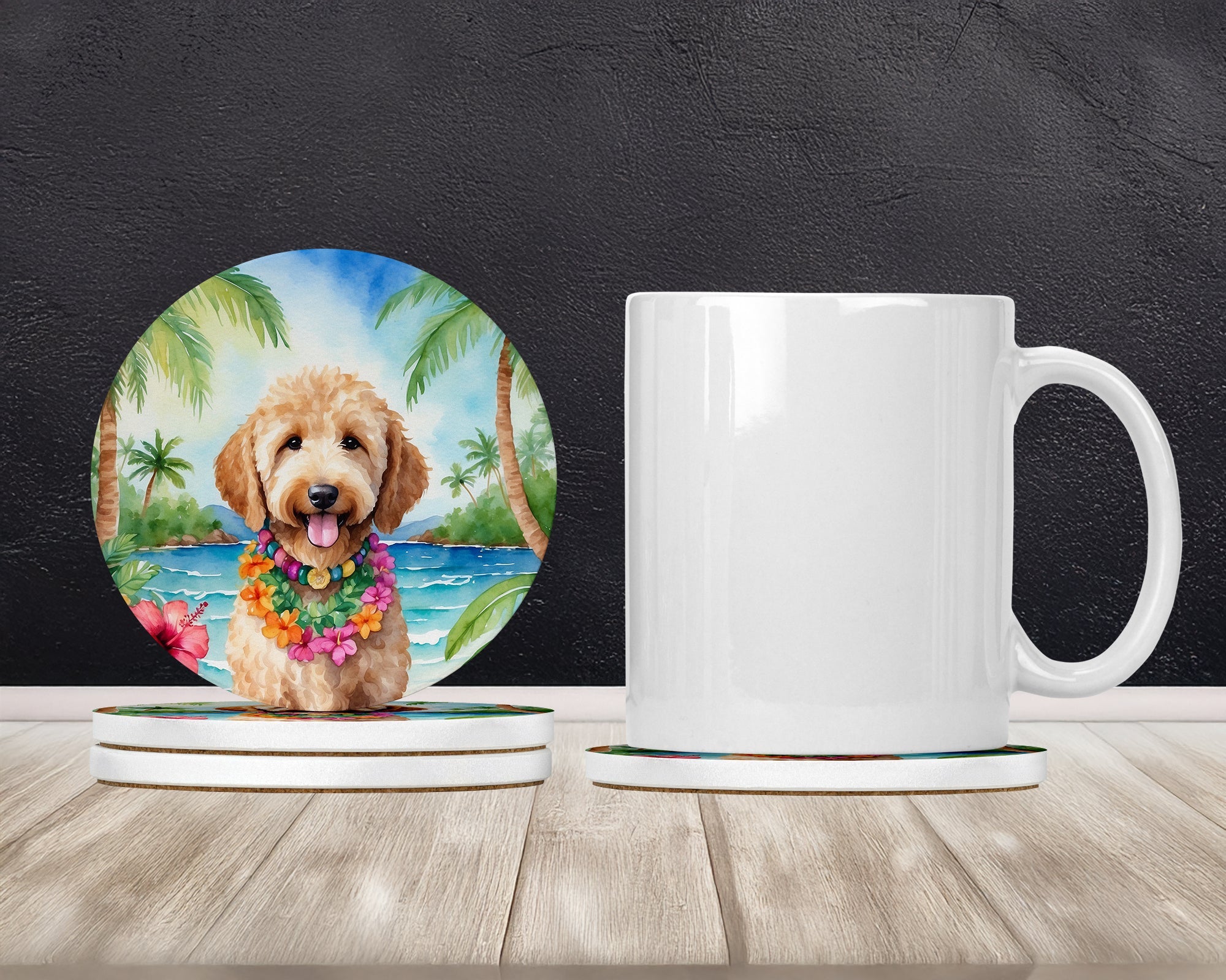 Goldendoodle Luau Large Sandstone Coasters Pack of 4 Absorbent Round Coasters Decor Gifts for Men or Women, 4 in, Multicolor