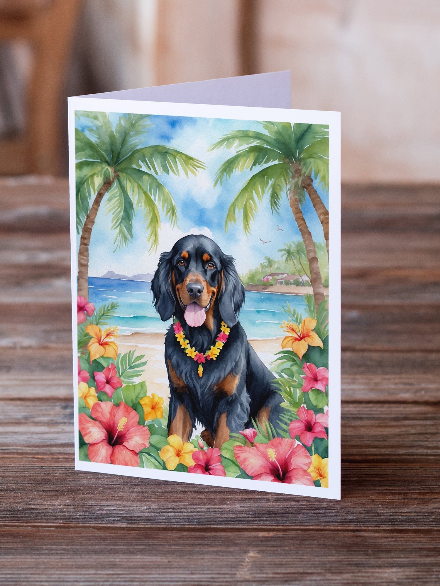 Gordon Setter Luau Greeting Cards Pack of 8 Blank Cards with Envelopes Whimsical A7 Size 5x7