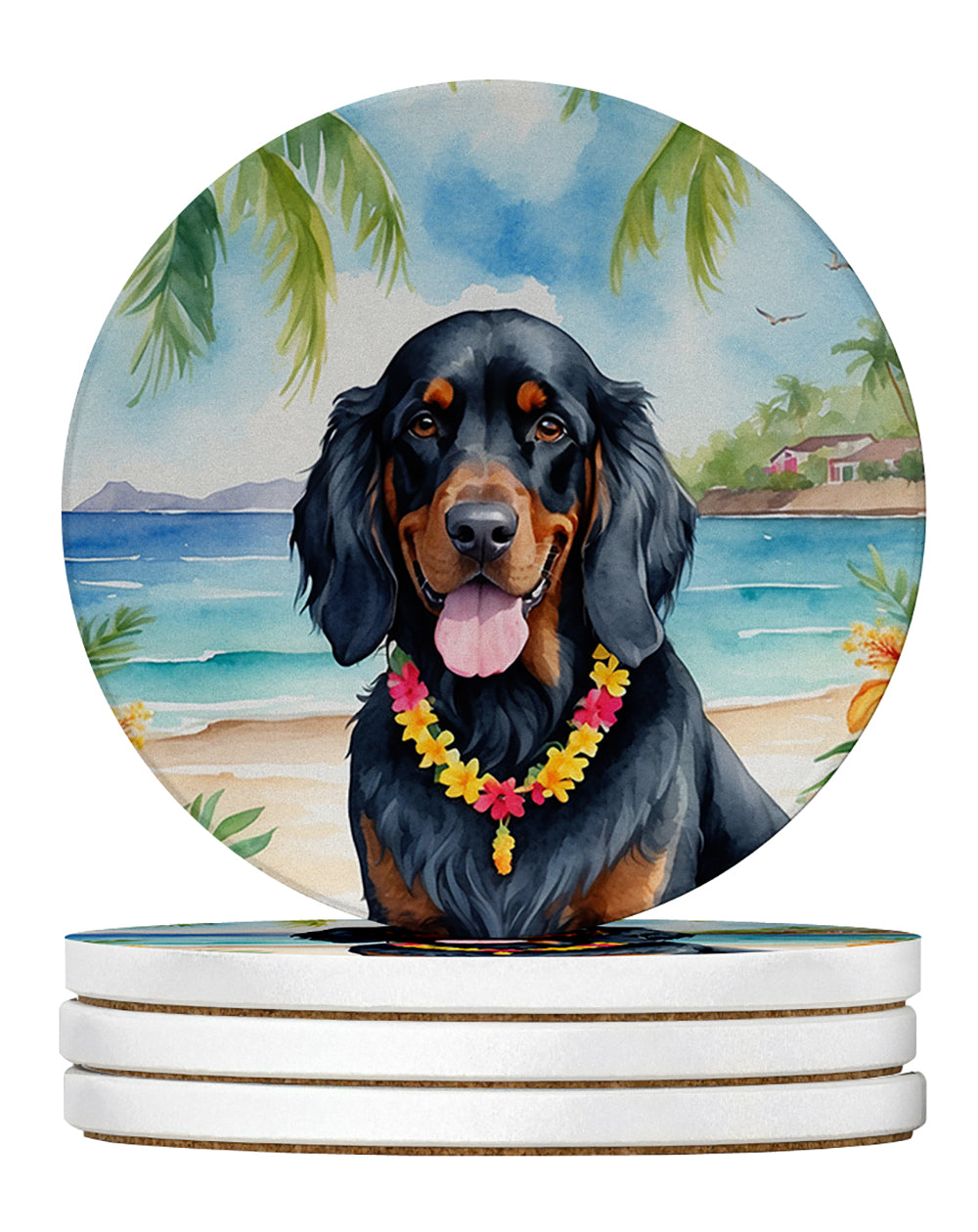 Gordon Setter Luau Large Sandstone Coasters Pack of 4 Absorbent Round Coasters Decor Gifts for Men or Women, 4 in, Multicolor
