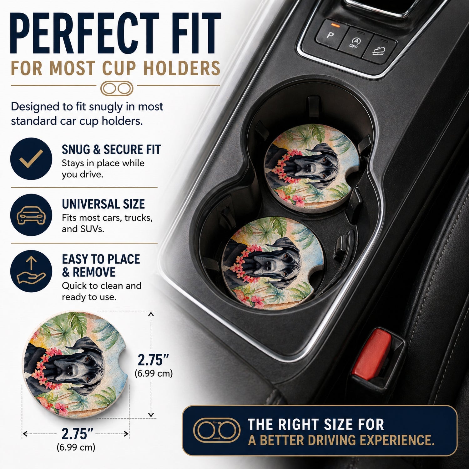Great Dane Luau Set of 2 Cup Holder Car Coasters Absorbent Round Sandstone Coasters Gifts for Men or Women, 2.5, Multicolor
